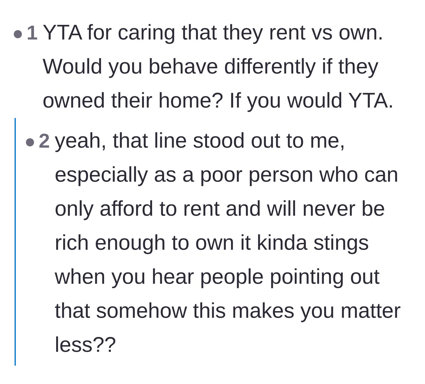 Comment thread 1 - Readers calling out the author's classist attitude toward renters