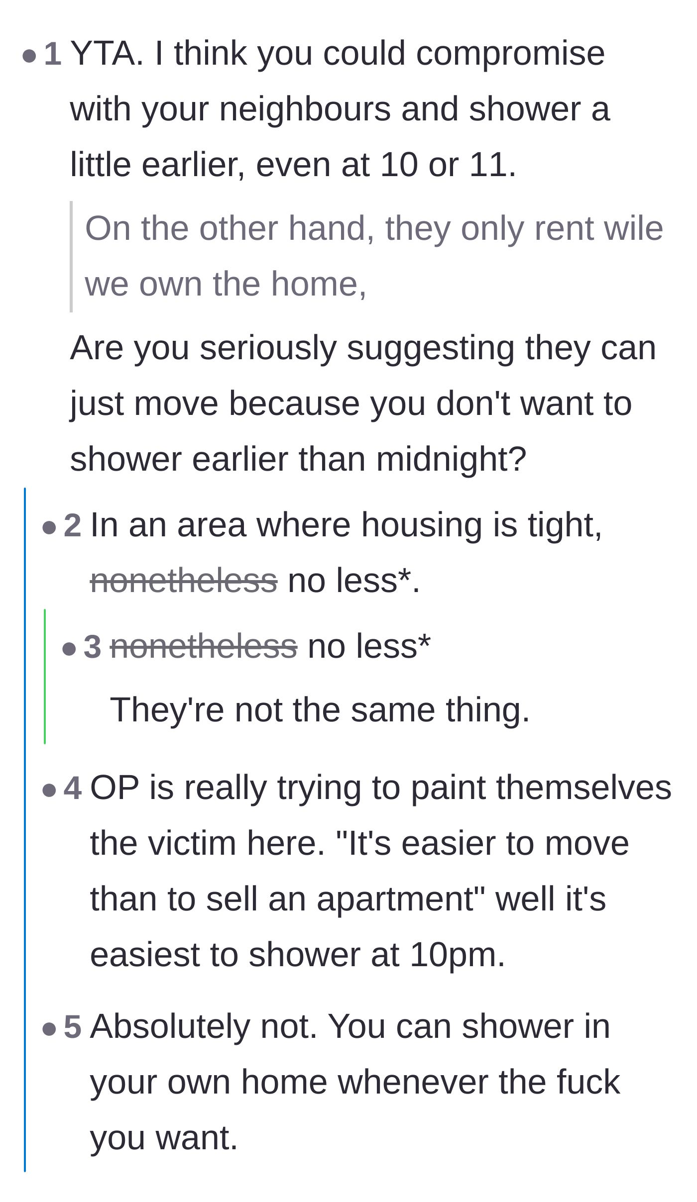 Comment thread 2 - Users mocking the idea that it is easier for renters to move than for the homeowner to shower earlier