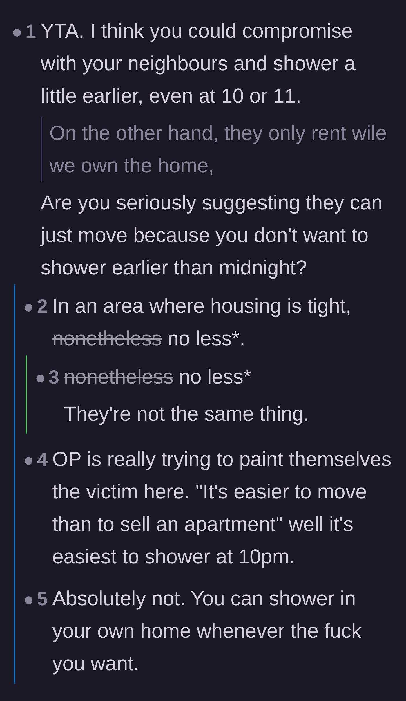 Comment thread 2 - Users mocking the idea that it is easier for renters to move than for the homeowner to shower earlier