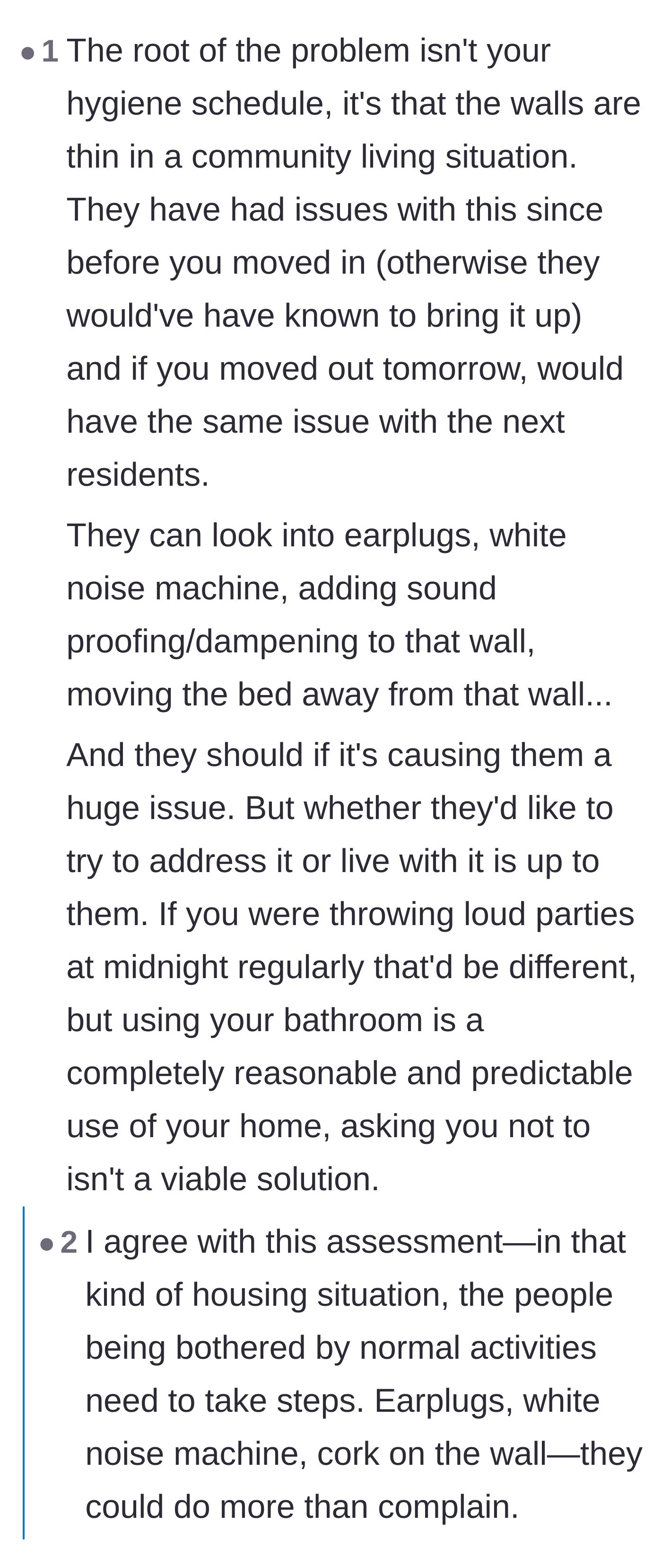 Comment thread 3 - Debate over whether the neighbors should just use earplugs due to thin walls