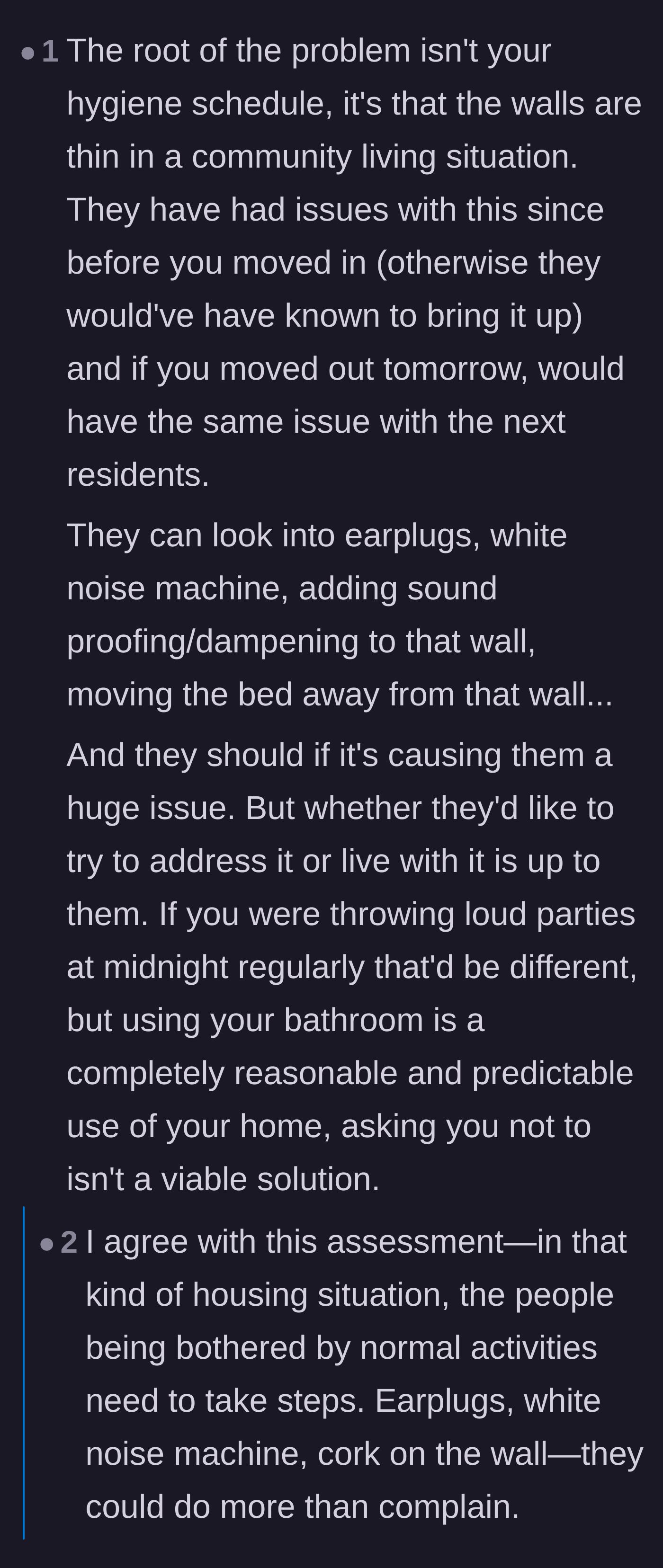 Comment thread 3 - Debate over whether the neighbors should just use earplugs due to thin walls