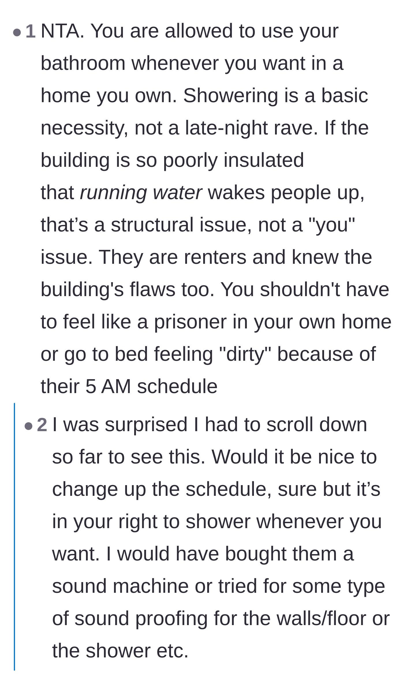 Comment thread 4 - Readers defending the right to shower at any time in a home you own