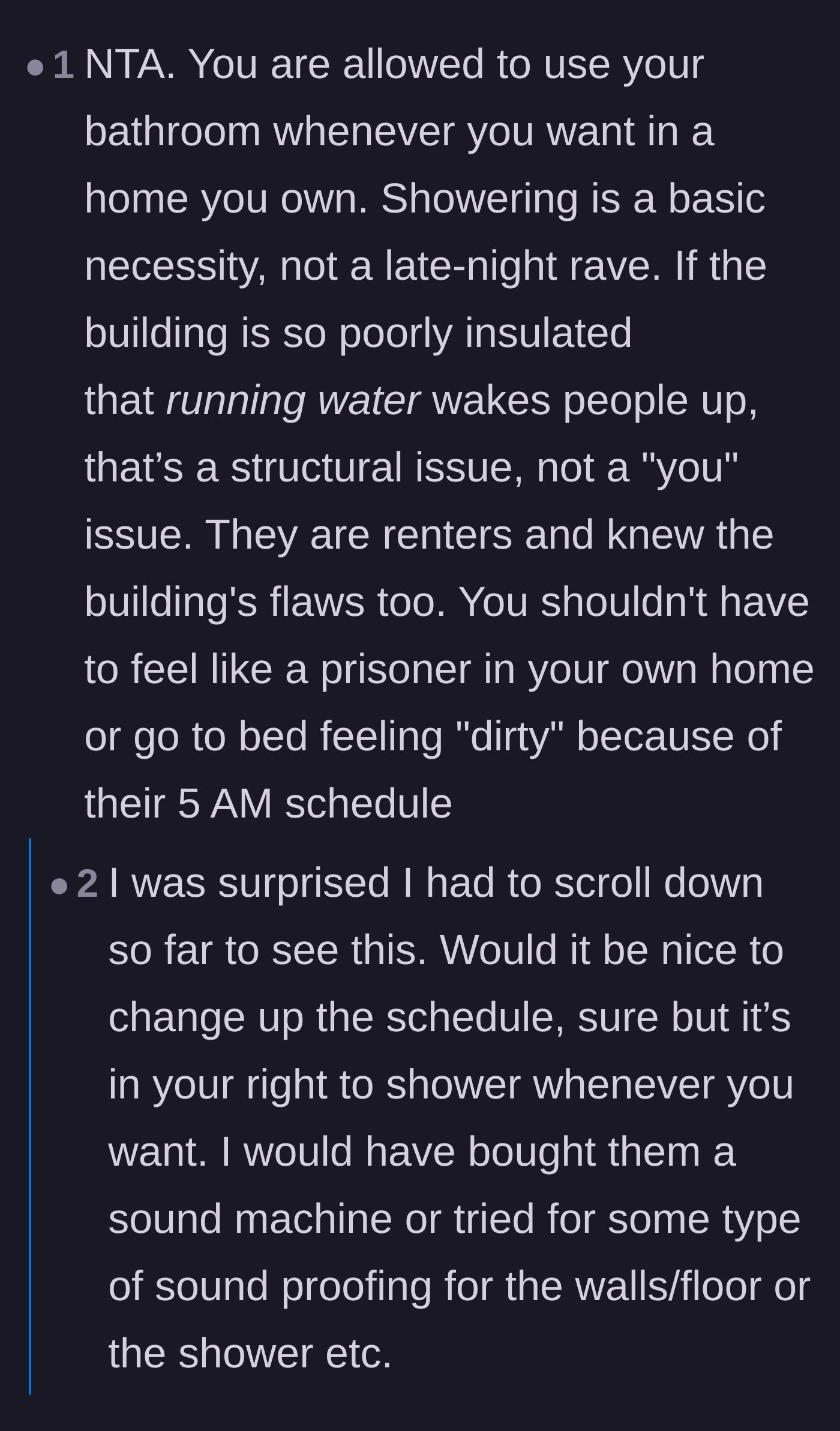 Comment thread 4 - Readers defending the right to shower at any time in a home you own