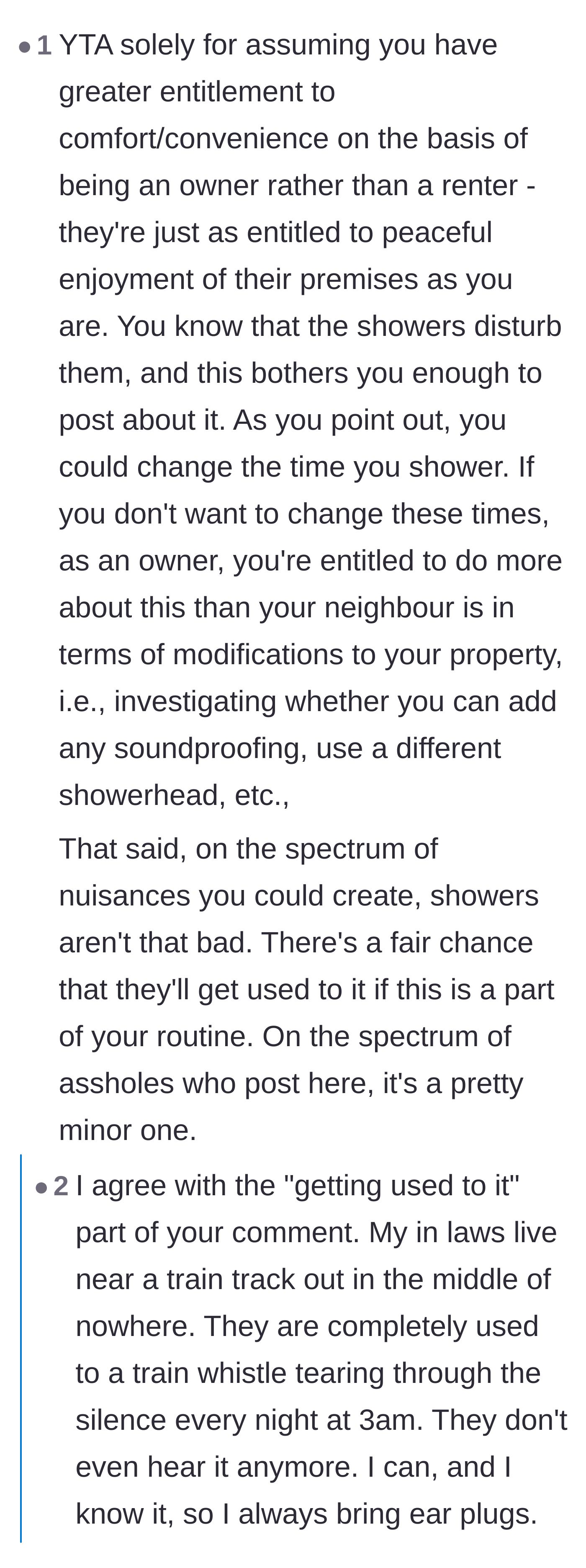 Comment thread 5 - Discussion about the homeowner's superiority complex and the reality of minor noise nuisances