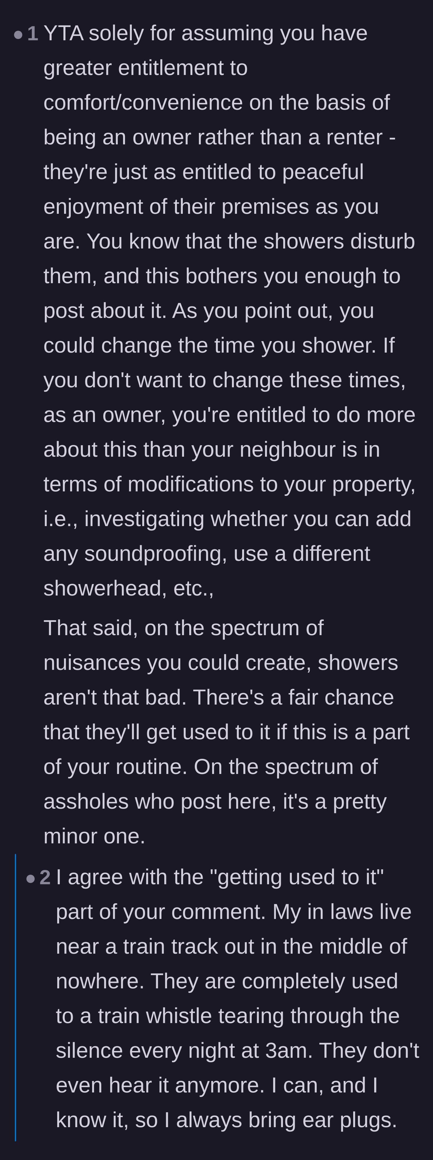 Comment thread 5 - Discussion about the homeowner's superiority complex and the reality of minor noise nuisances