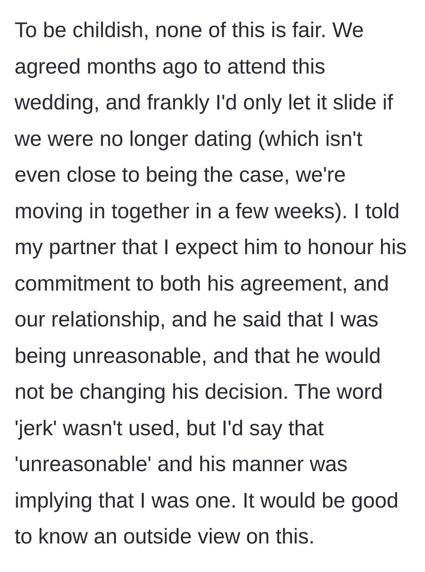 Story part 5 - The girlfriend childishly demands he honor their RSVP over his best friend, resulting in a tense standoff where she is called unreasonable.