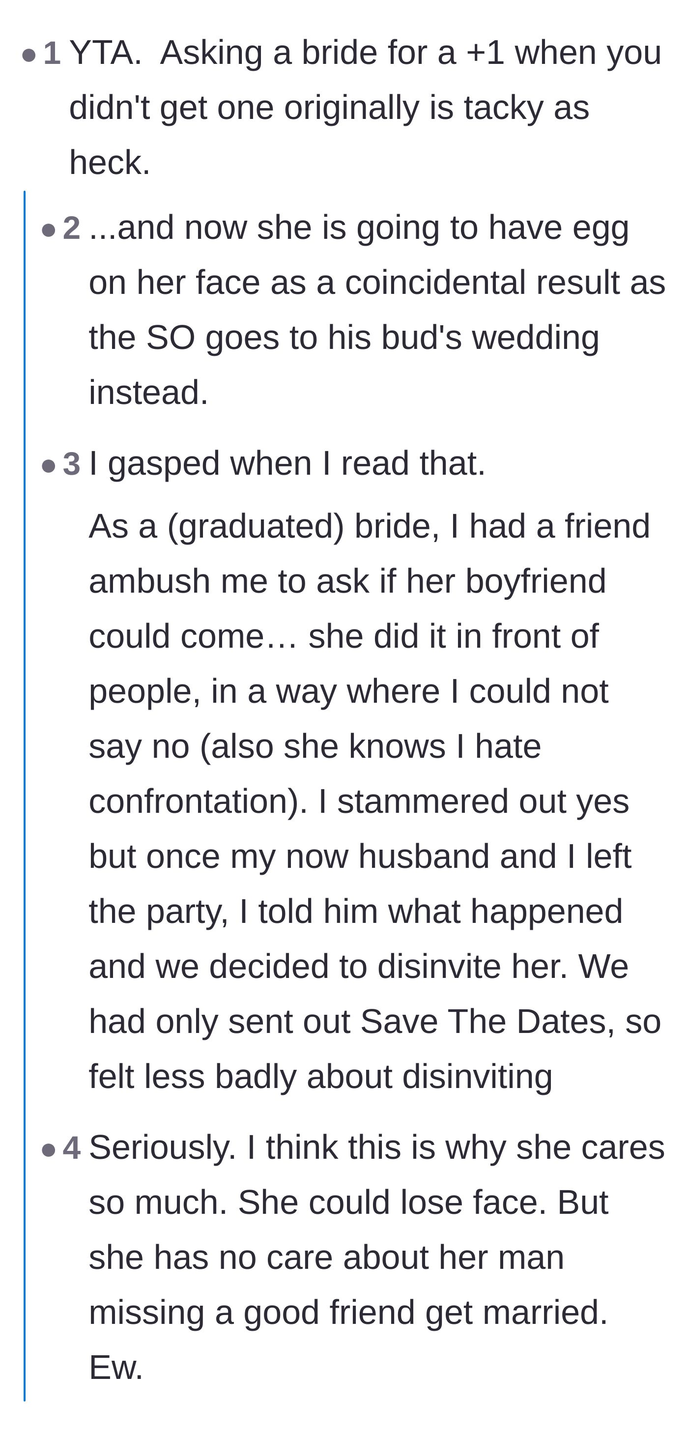 Comment thread 1 - Readers calling out the tacky behavior of begging for a plus-one and a real bride sharing her horror story.