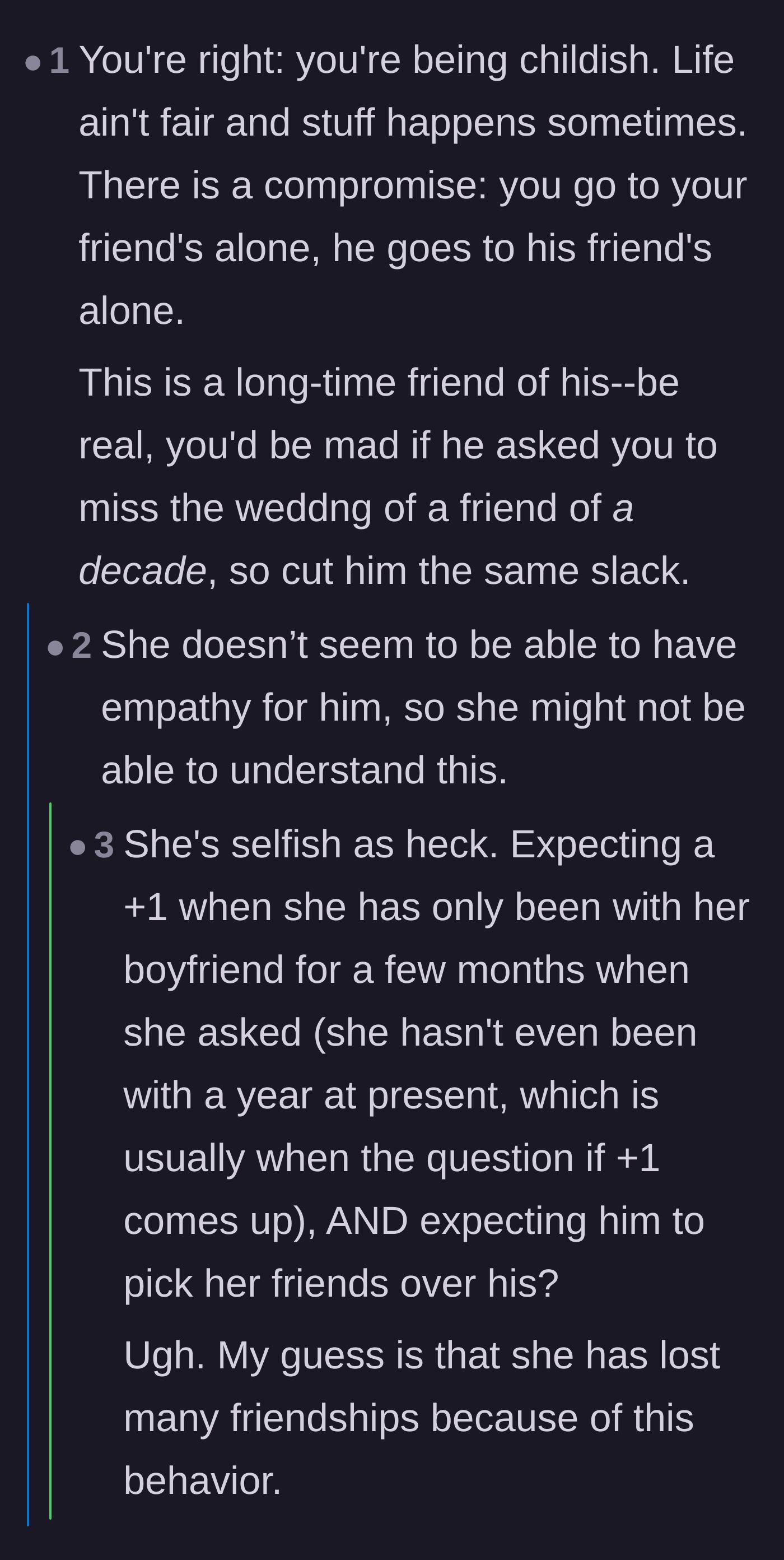 Comment thread 3 - Users analyzing the controlling and selfish nature of the girlfriend's 'let it slide' remark.