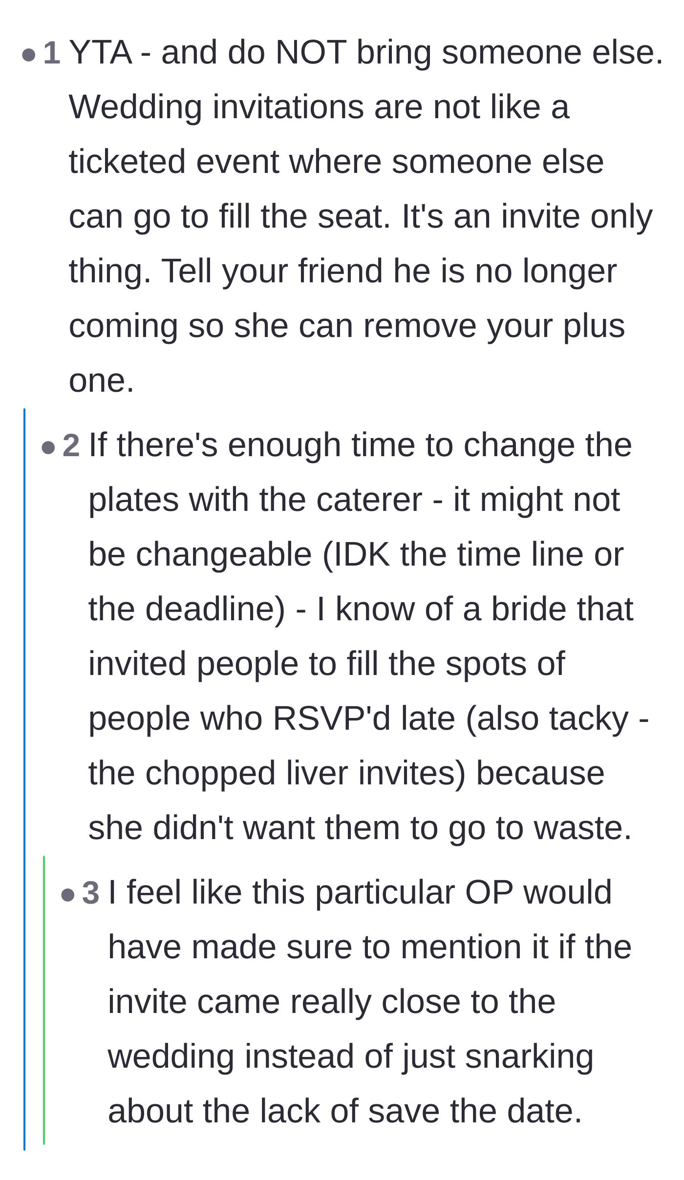 Comment thread 4 - Advice explaining that wedding seats aren't interchangeable tickets and bringing a random friend is unacceptable.