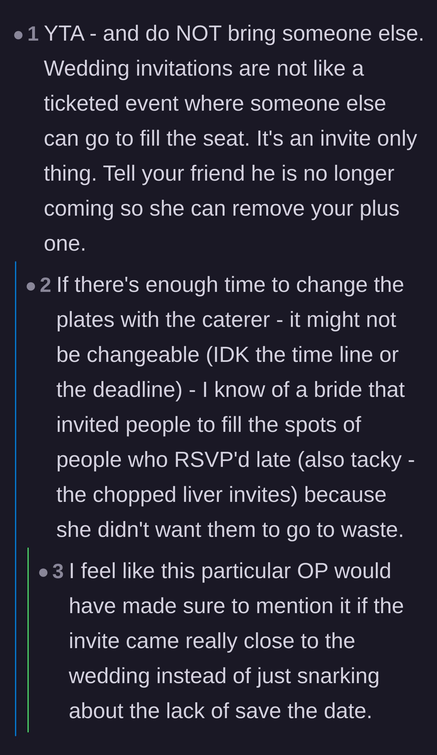 Comment thread 4 - Advice explaining that wedding seats aren't interchangeable tickets and bringing a random friend is unacceptable.
