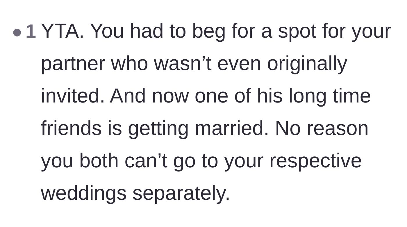 Comment thread 6 - The obvious compromise of both people attending their respective friends' weddings separately.