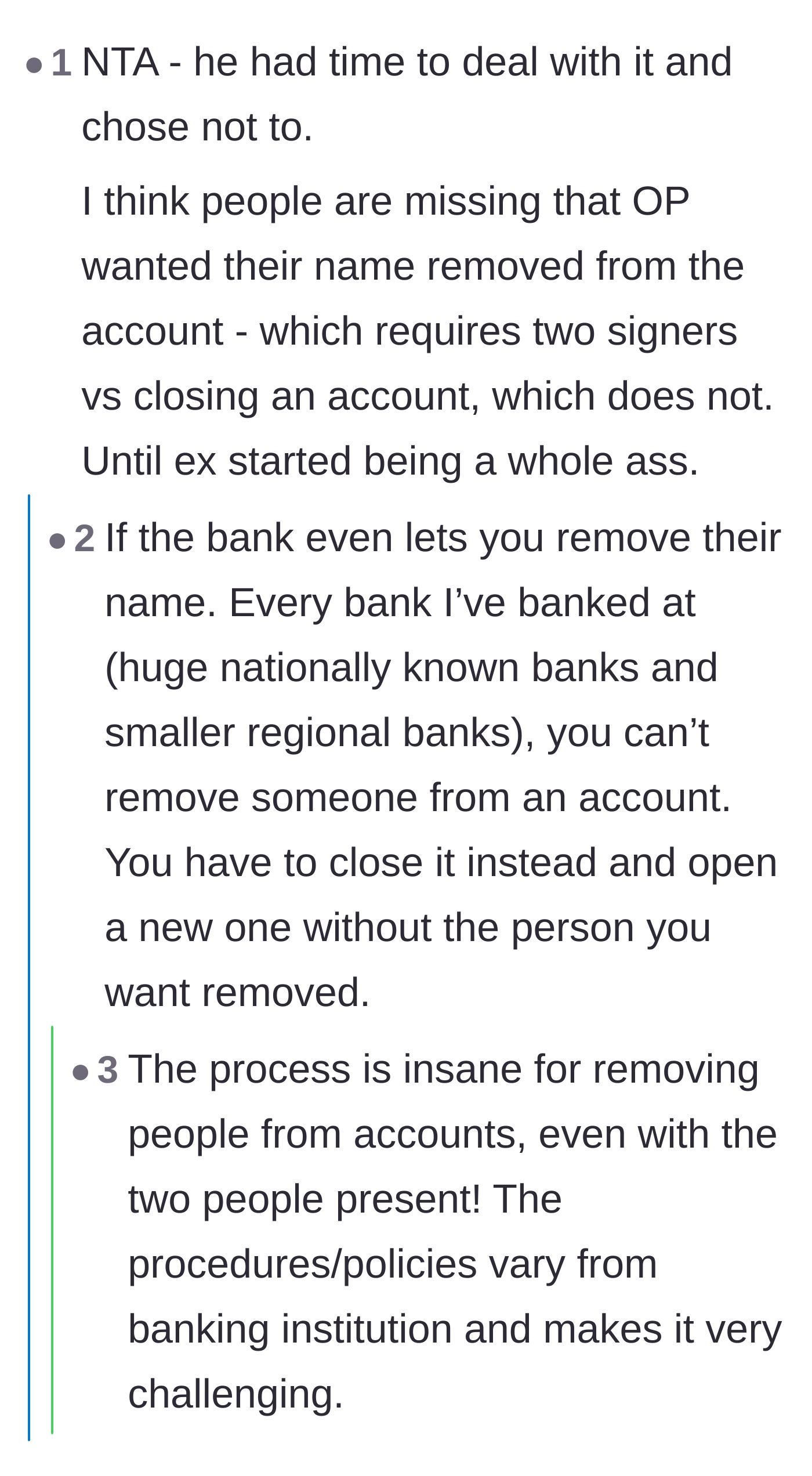 Comment thread 3 - Discussion about the frustrating banking policies that require both parties to be present just to remove a name.