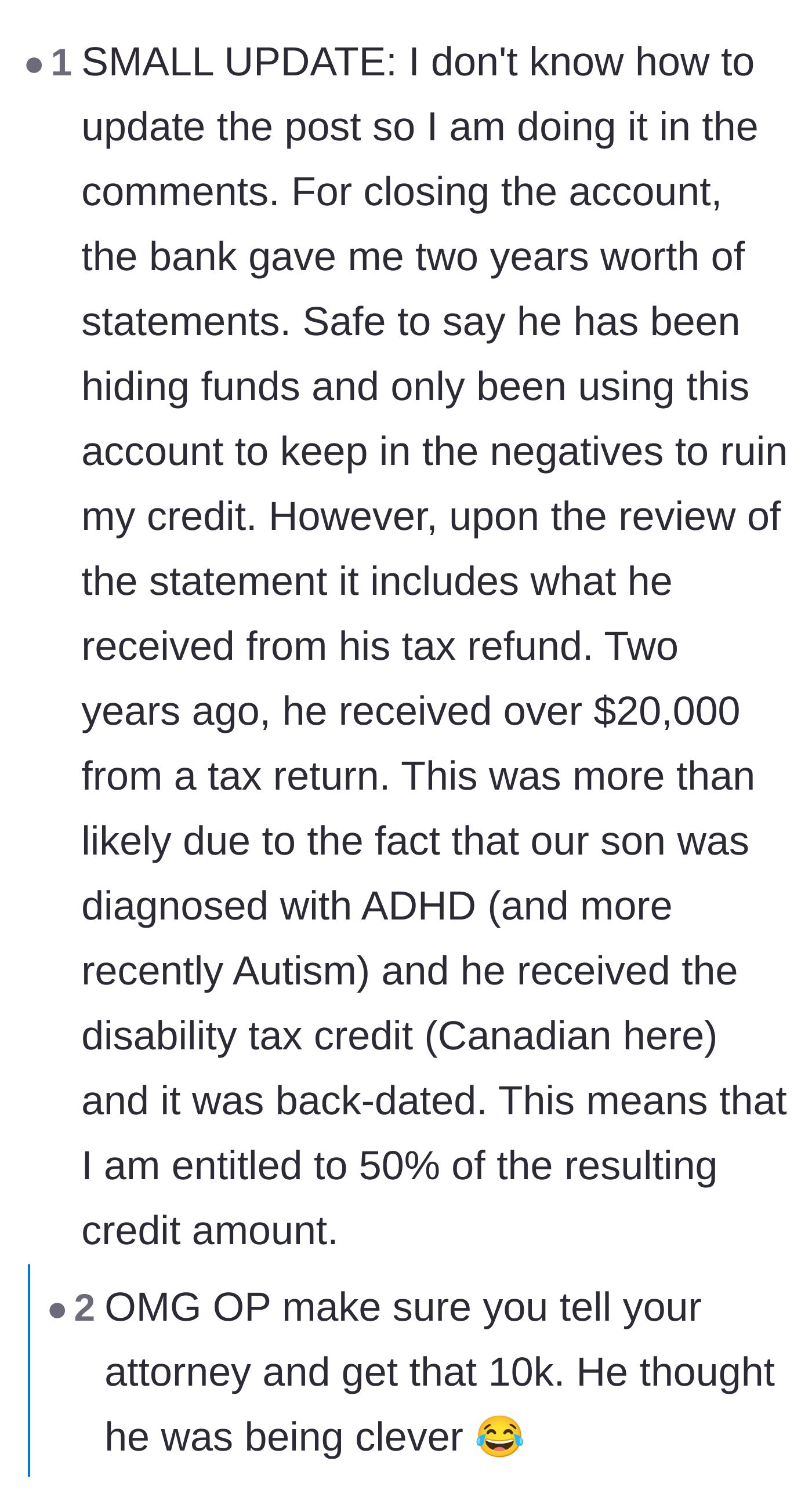 Comment thread 4 - A heartbreaking update revealing the ex-husband hid a massive tax return meant for their autistic son.