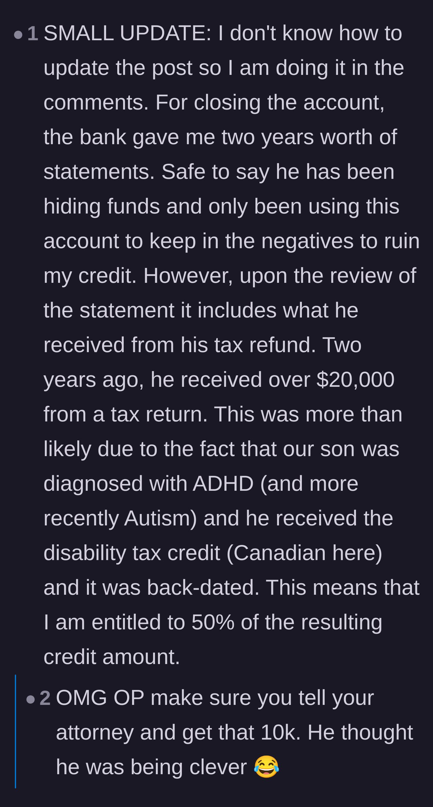 Comment thread 4 - A heartbreaking update revealing the ex-husband hid a massive tax return meant for their autistic son.