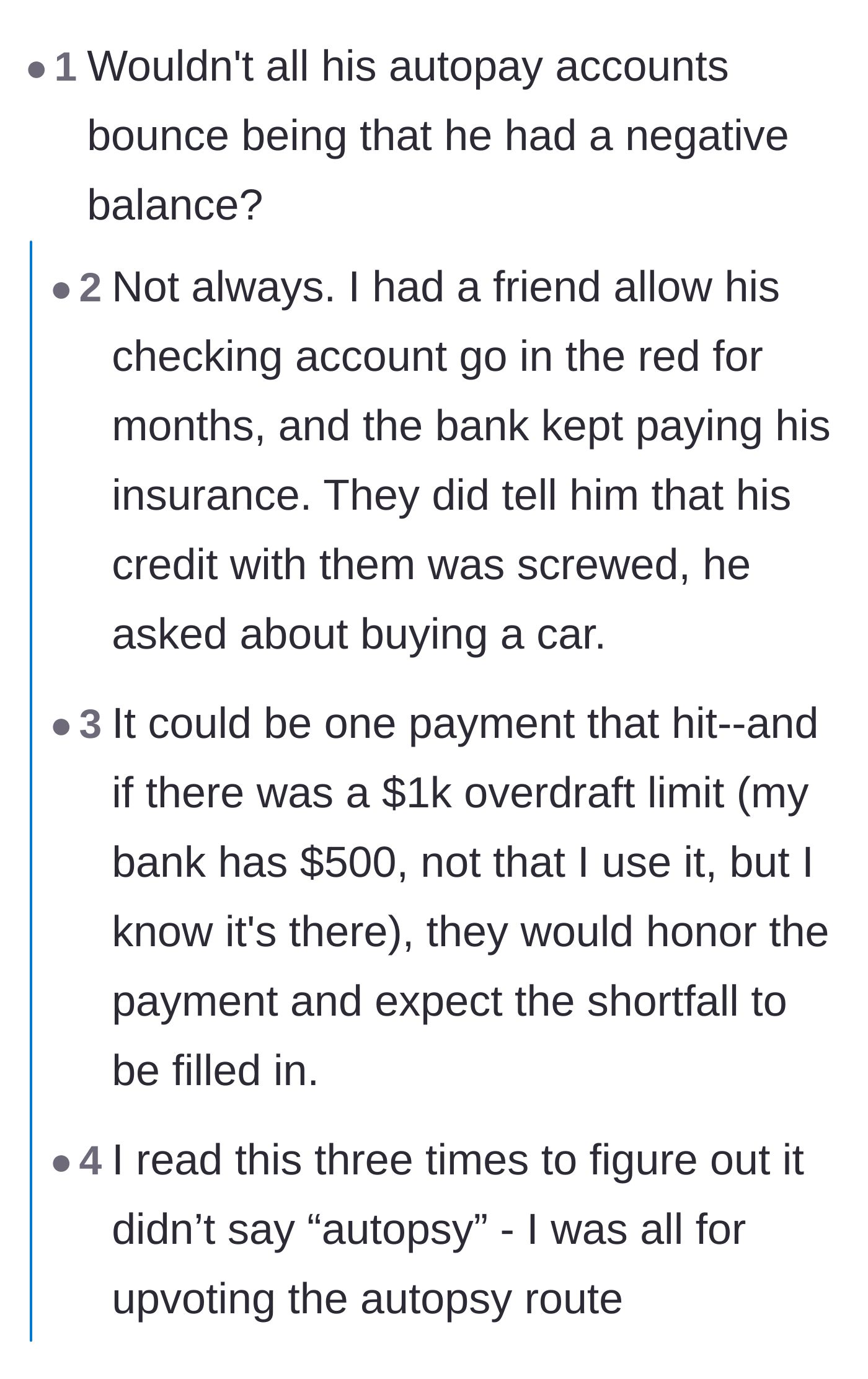 Comment thread 6 - A discussion on overdraft limits that takes a surprisingly hilarious turn due to a typo about autopsies.