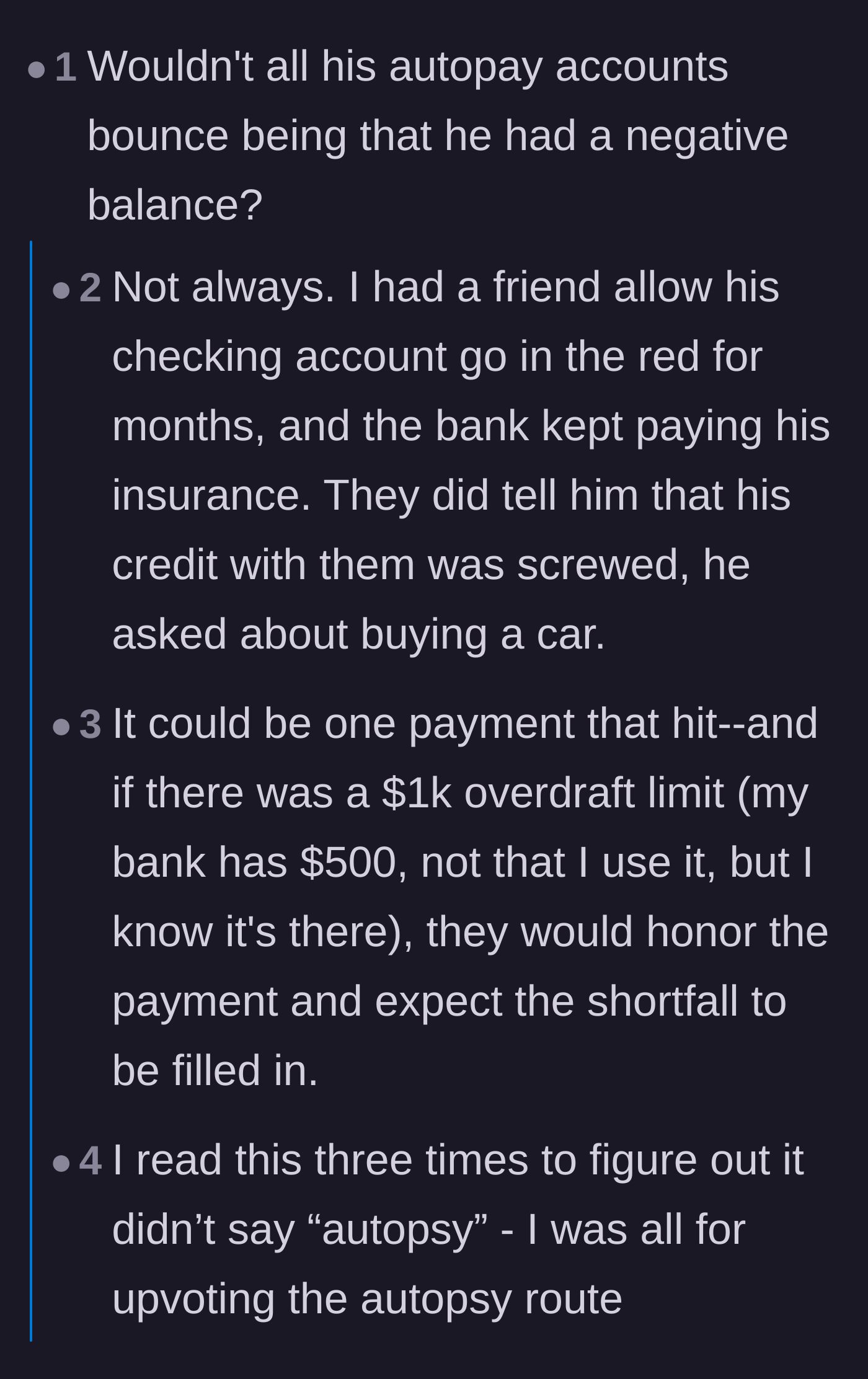 Comment thread 6 - A discussion on overdraft limits that takes a surprisingly hilarious turn due to a typo about autopsies.