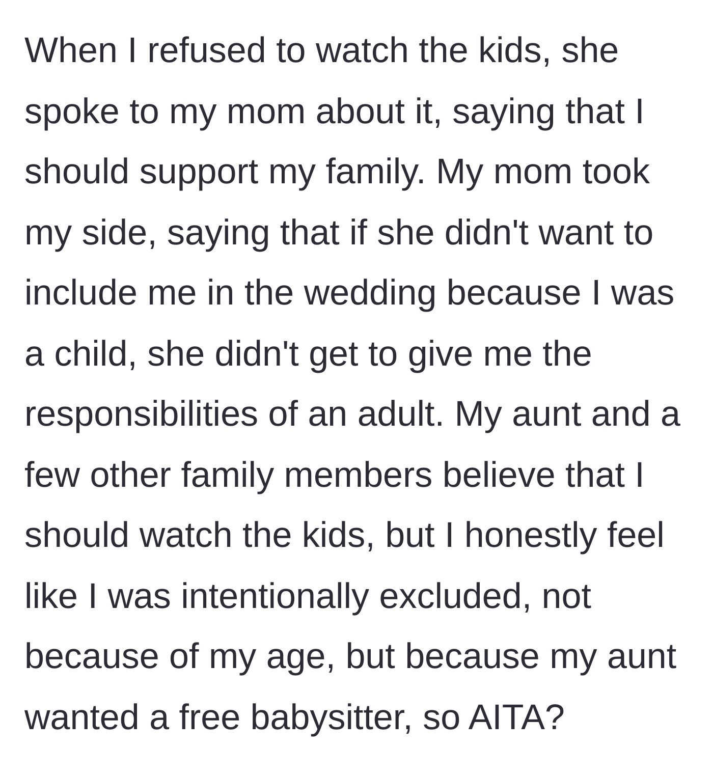 Story part 3 - The aunt complains to the teen's mom, who epicly defends her daughter by pointing out the aunt's hypocrisy.