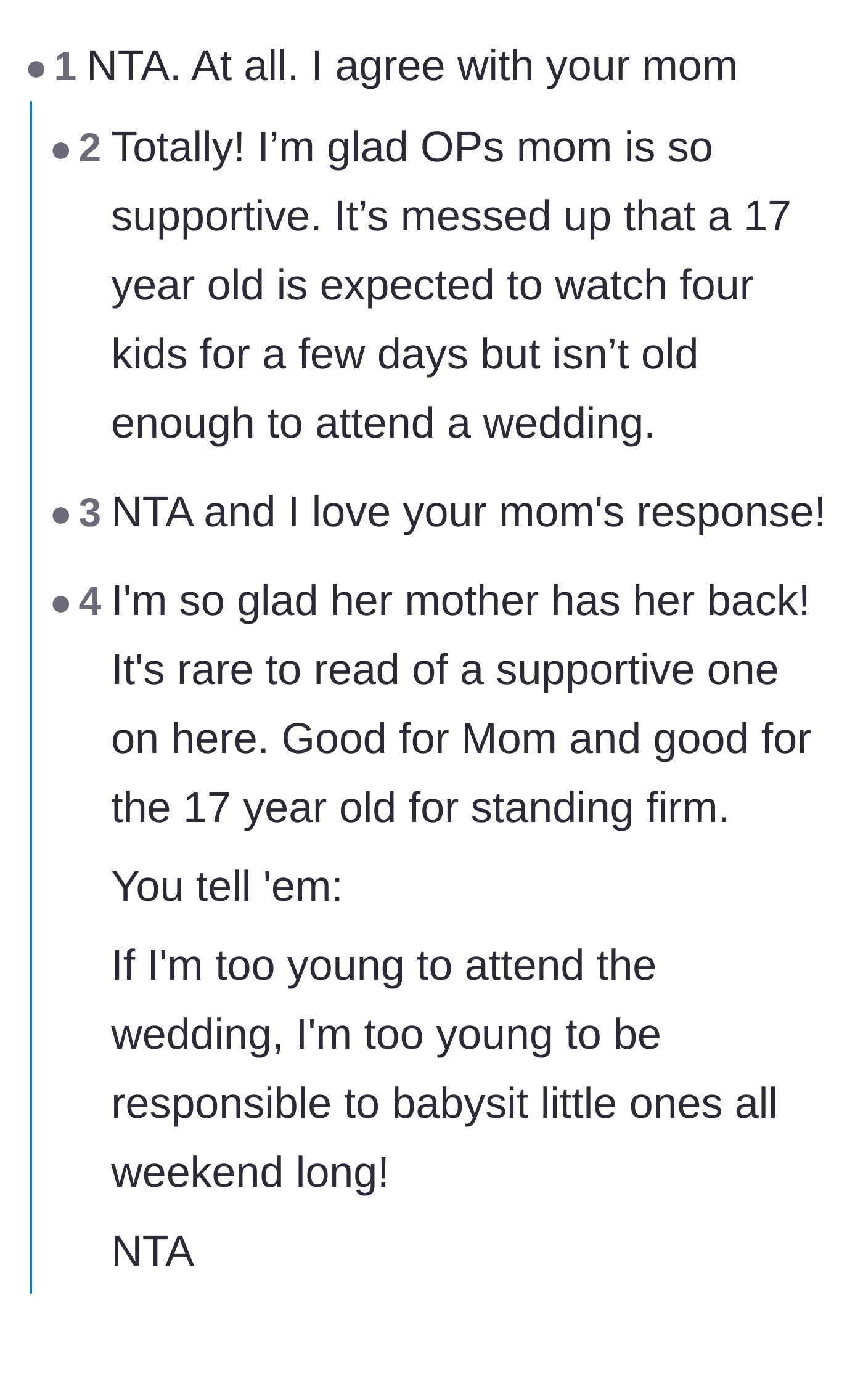Comment thread 1 - Readers cheering for the mother who supported her daughter's refusal to babysit.