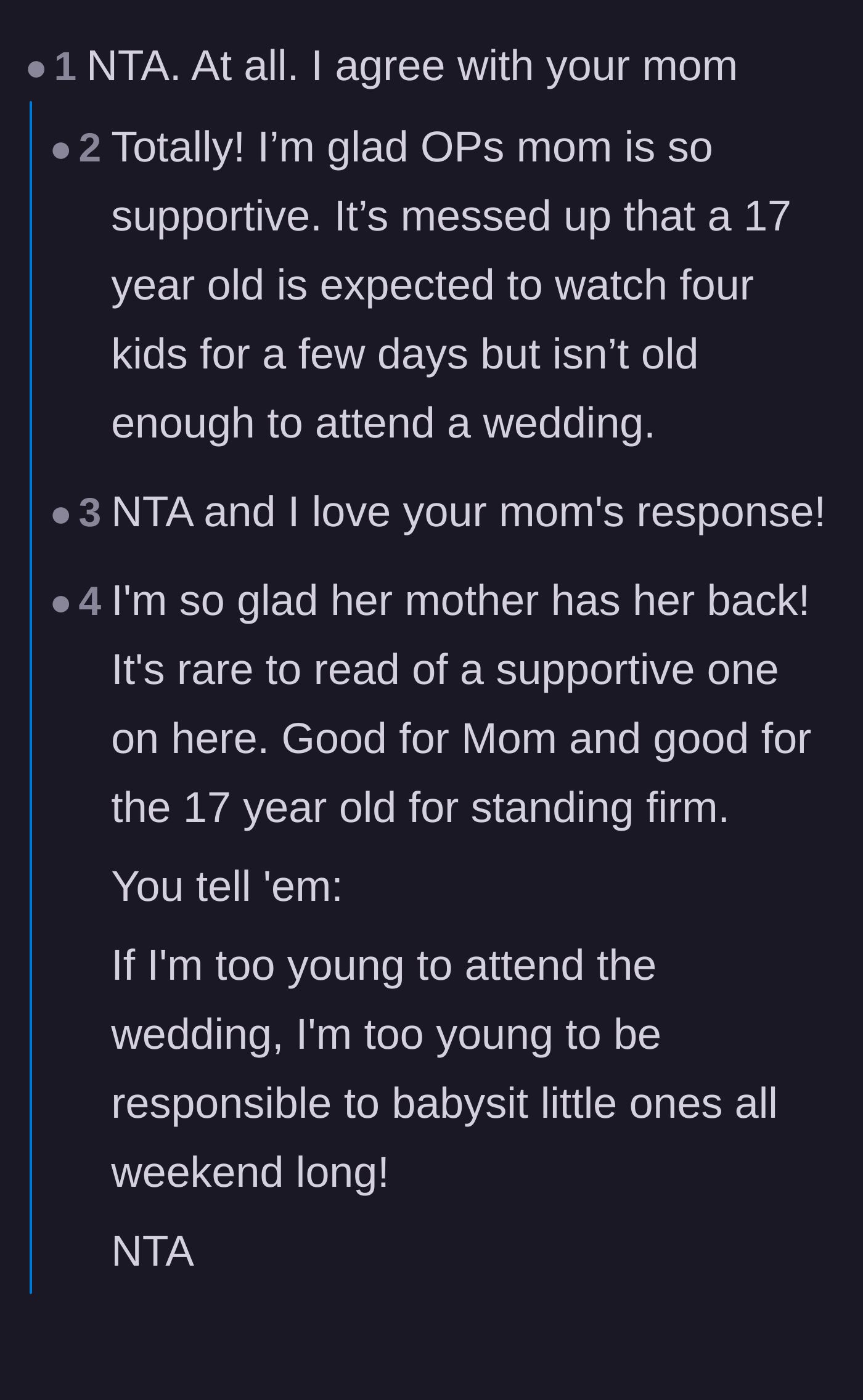 Comment thread 1 - Readers cheering for the mother who supported her daughter's refusal to babysit.