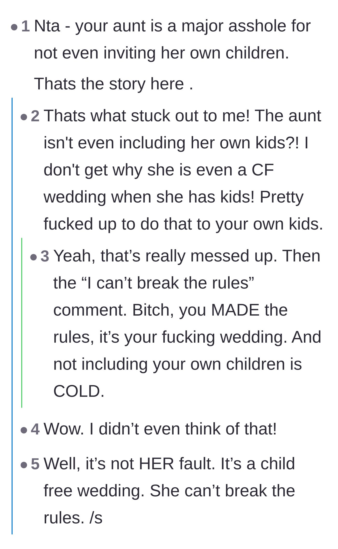 Comment thread 3 - Users calling out the bride for banning her own children from her wedding under the guise of rules she created.