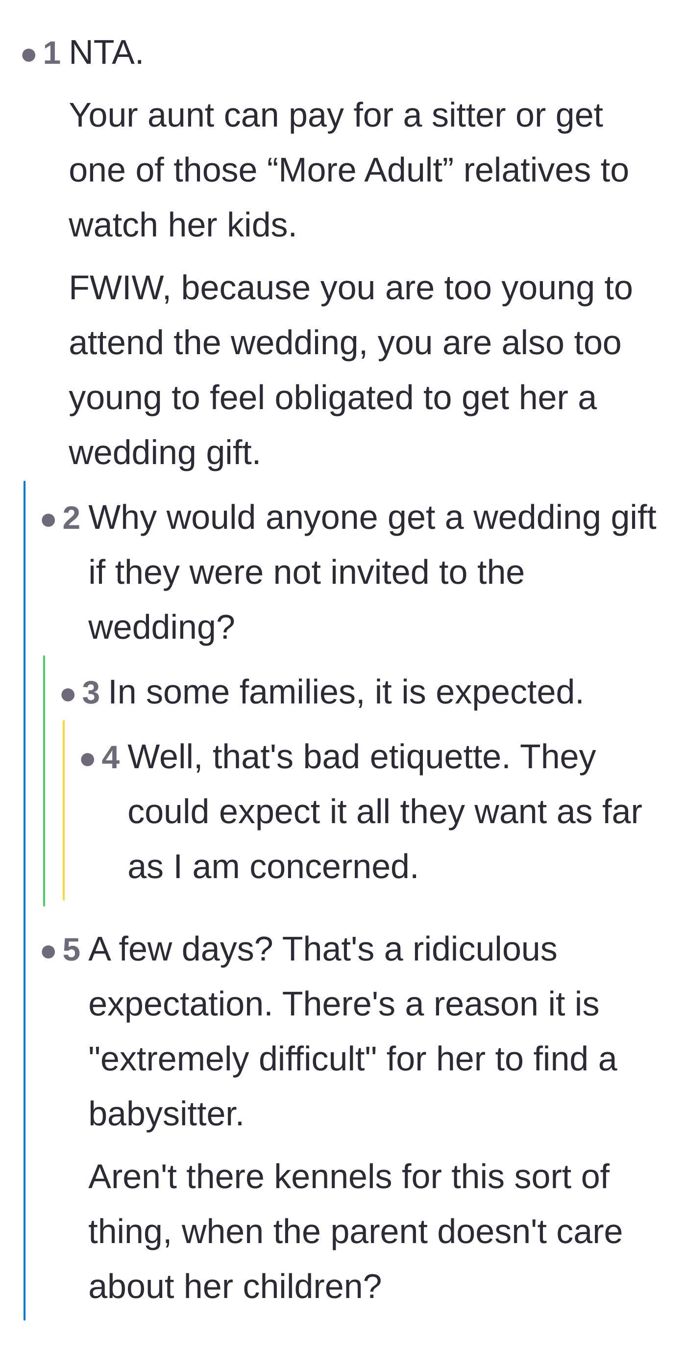 Comment thread 5 - Discussion on how the teen owes the aunt neither free babysitting nor a wedding gift.