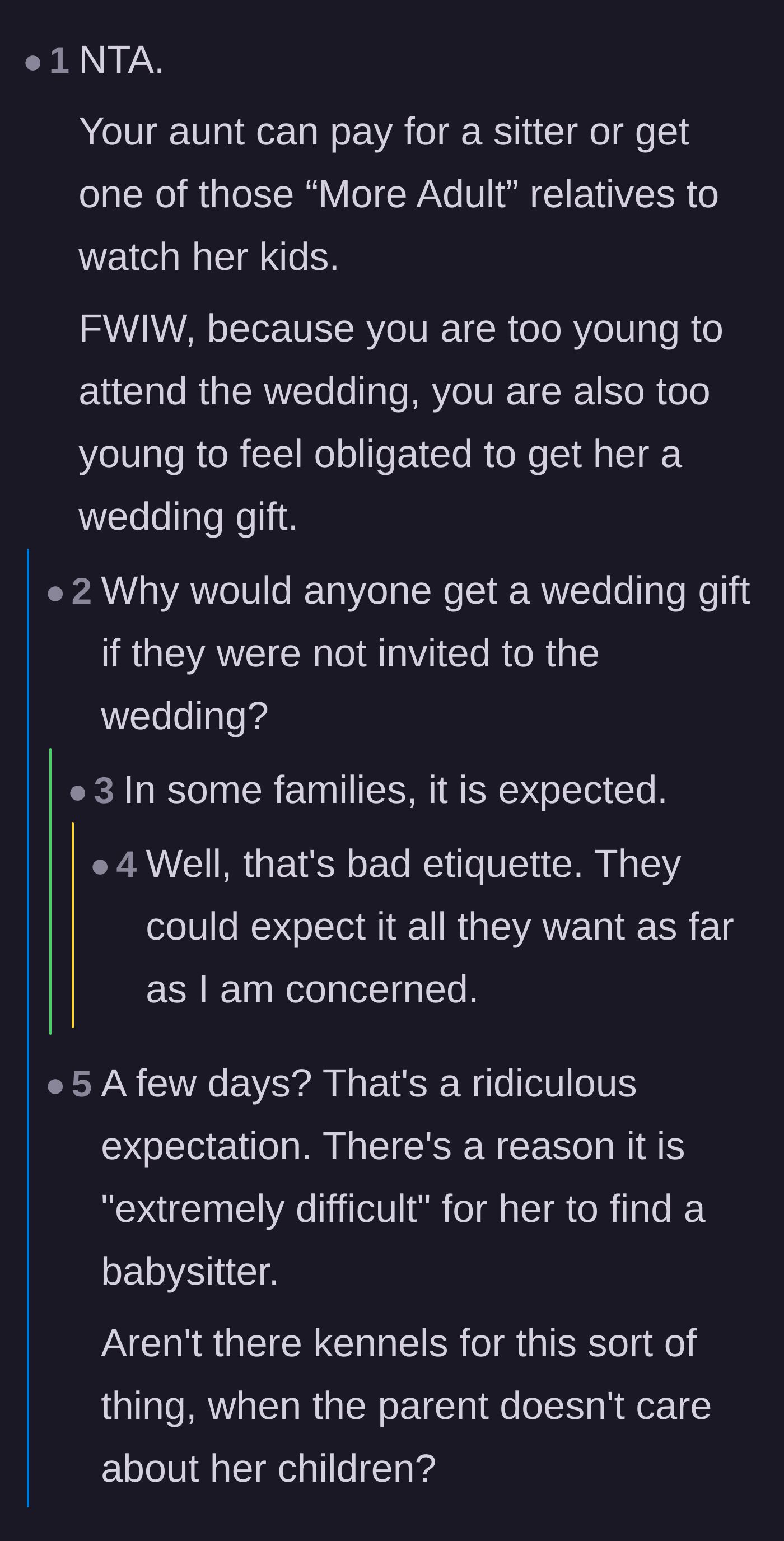 Comment thread 5 - Discussion on how the teen owes the aunt neither free babysitting nor a wedding gift.