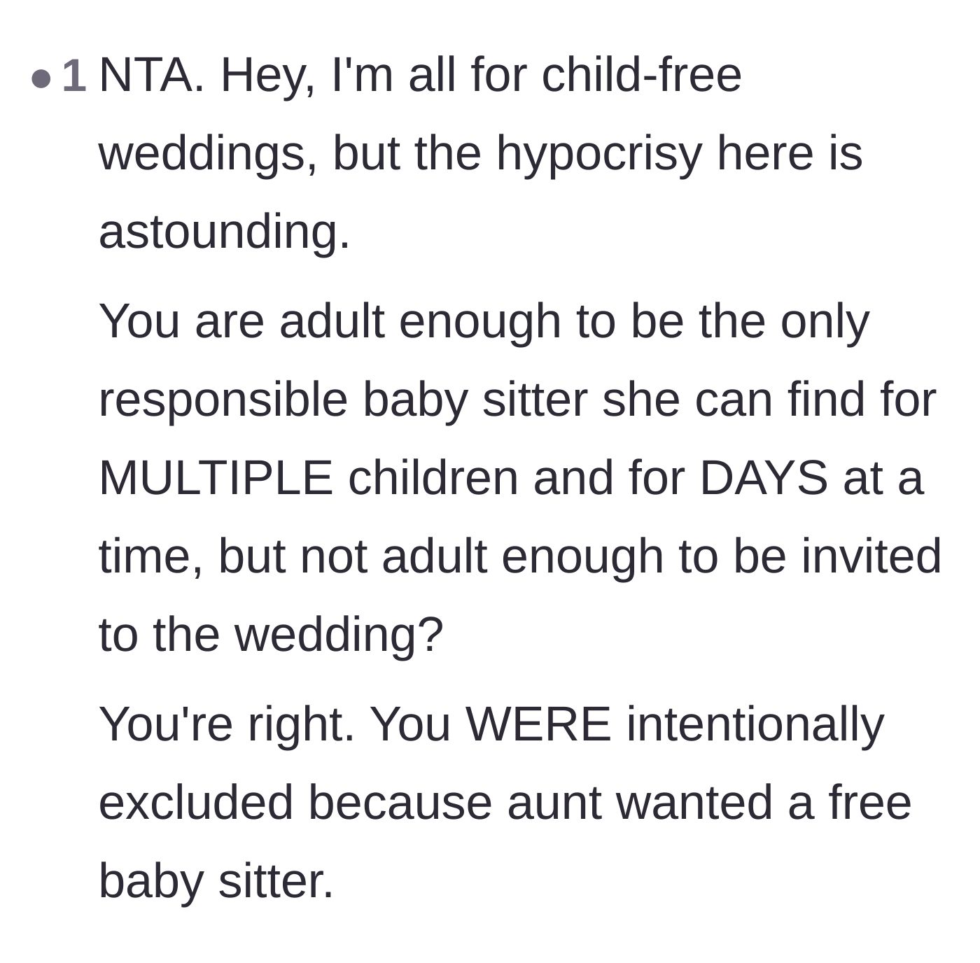 Comment thread 6 - Agreement that the aunt deliberately left the niece off the guest list specifically to secure a free nanny.