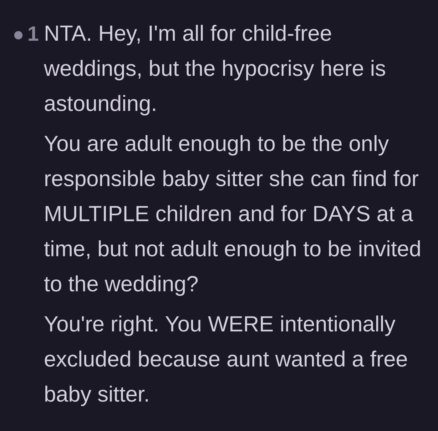Comment thread 6 - Agreement that the aunt deliberately left the niece off the guest list specifically to secure a free nanny.