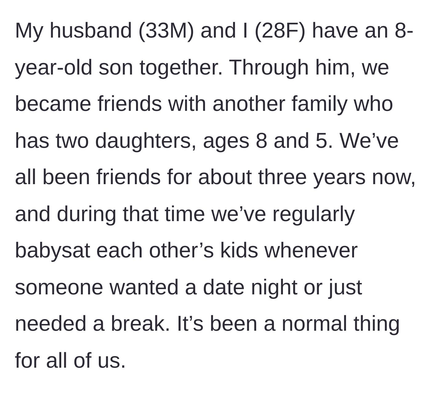 Story part 1 - Explaining the childcare trade arrangement with a friend's family.