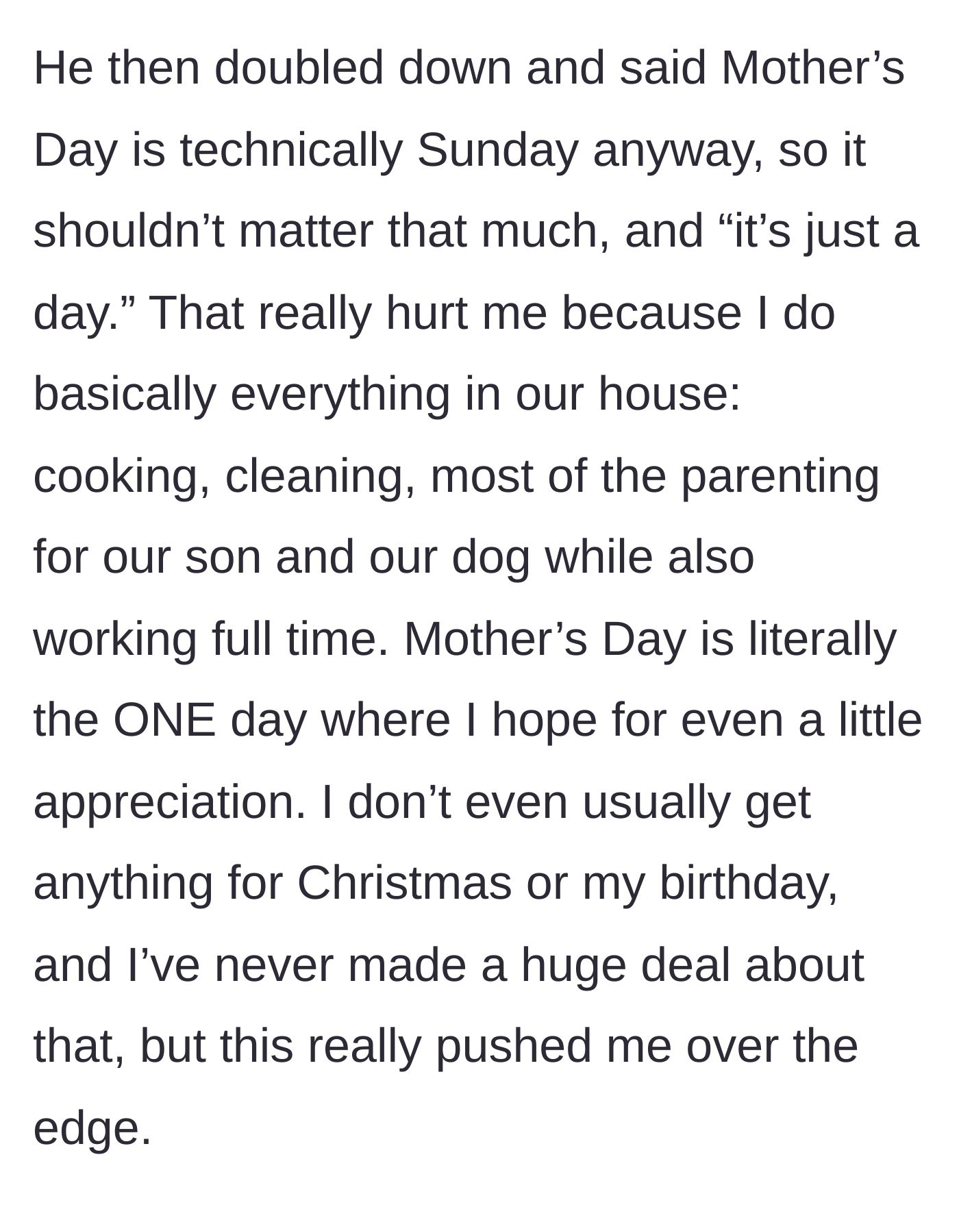 Story part 5 - Husband dismisses the holiday while wife details her exhaustion from doing everything.