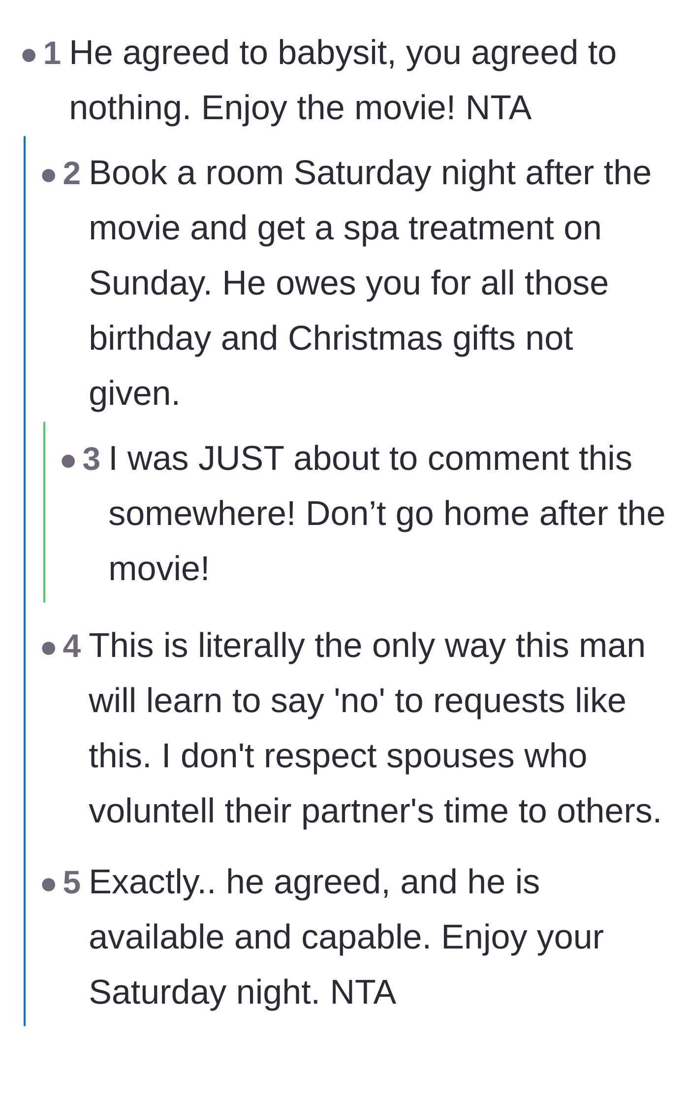 Comment thread 1 - Readers cheering her on and suggesting she upgrade her movie ticket to a weekend hotel stay.