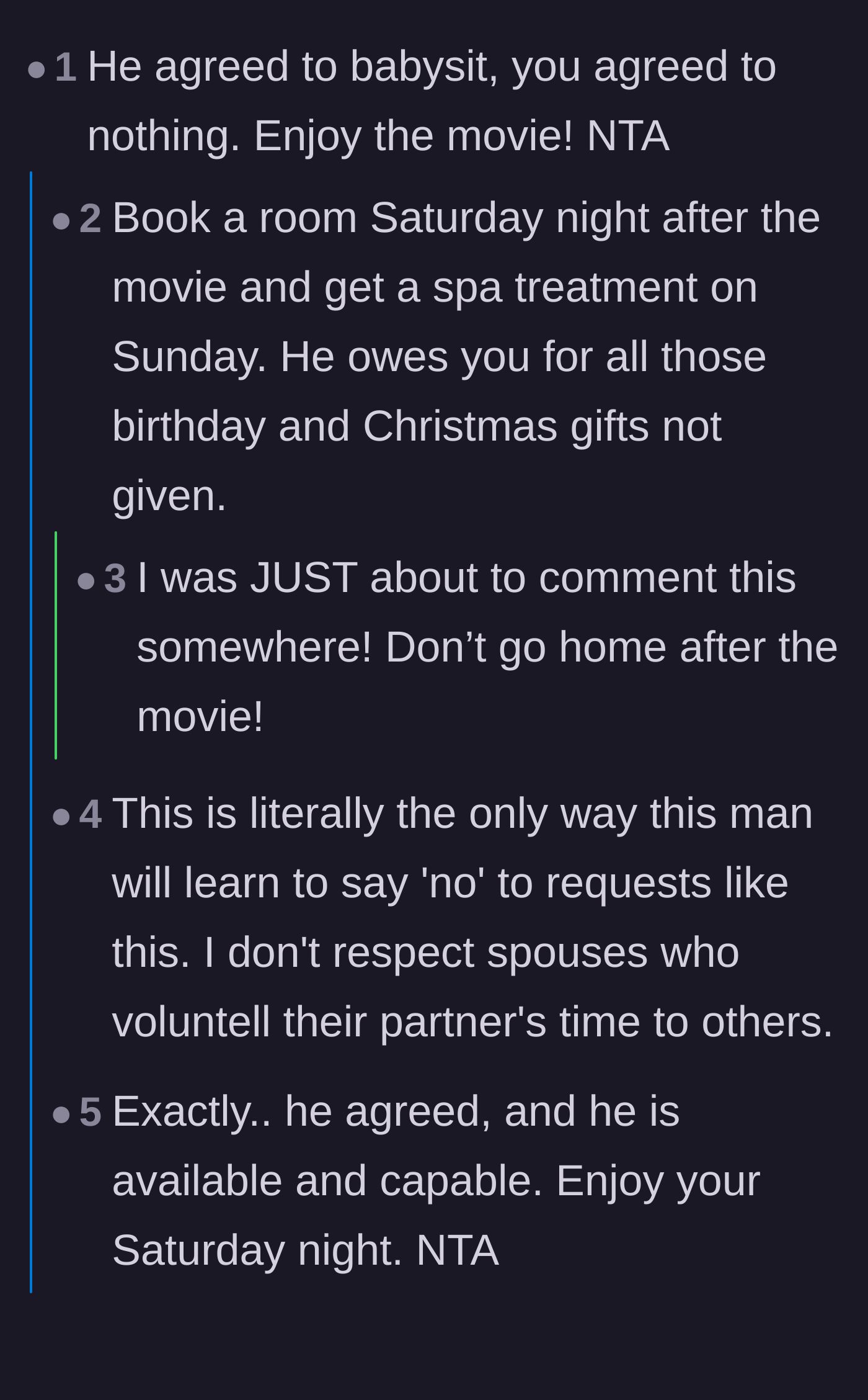 Comment thread 1 - Readers cheering her on and suggesting she upgrade her movie ticket to a weekend hotel stay.