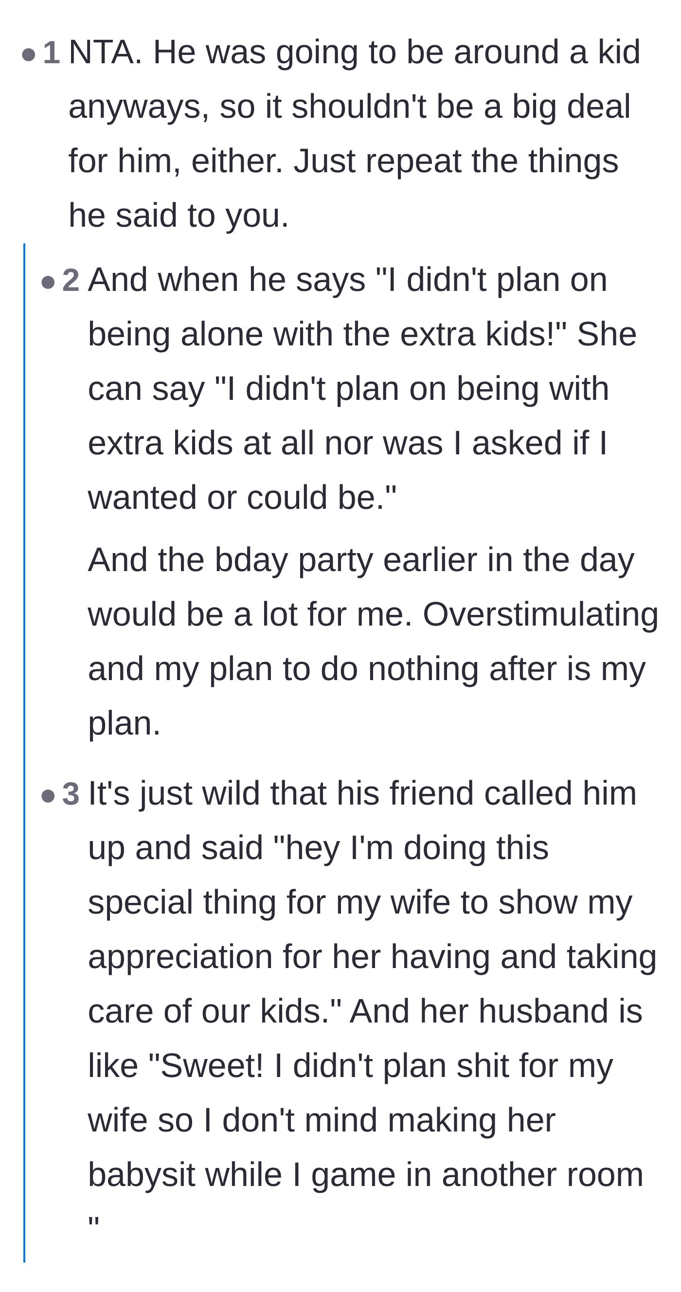 Comment thread 2 - Pointing out the irony of the friend treating his wife while the husband treats his wife like free labor.