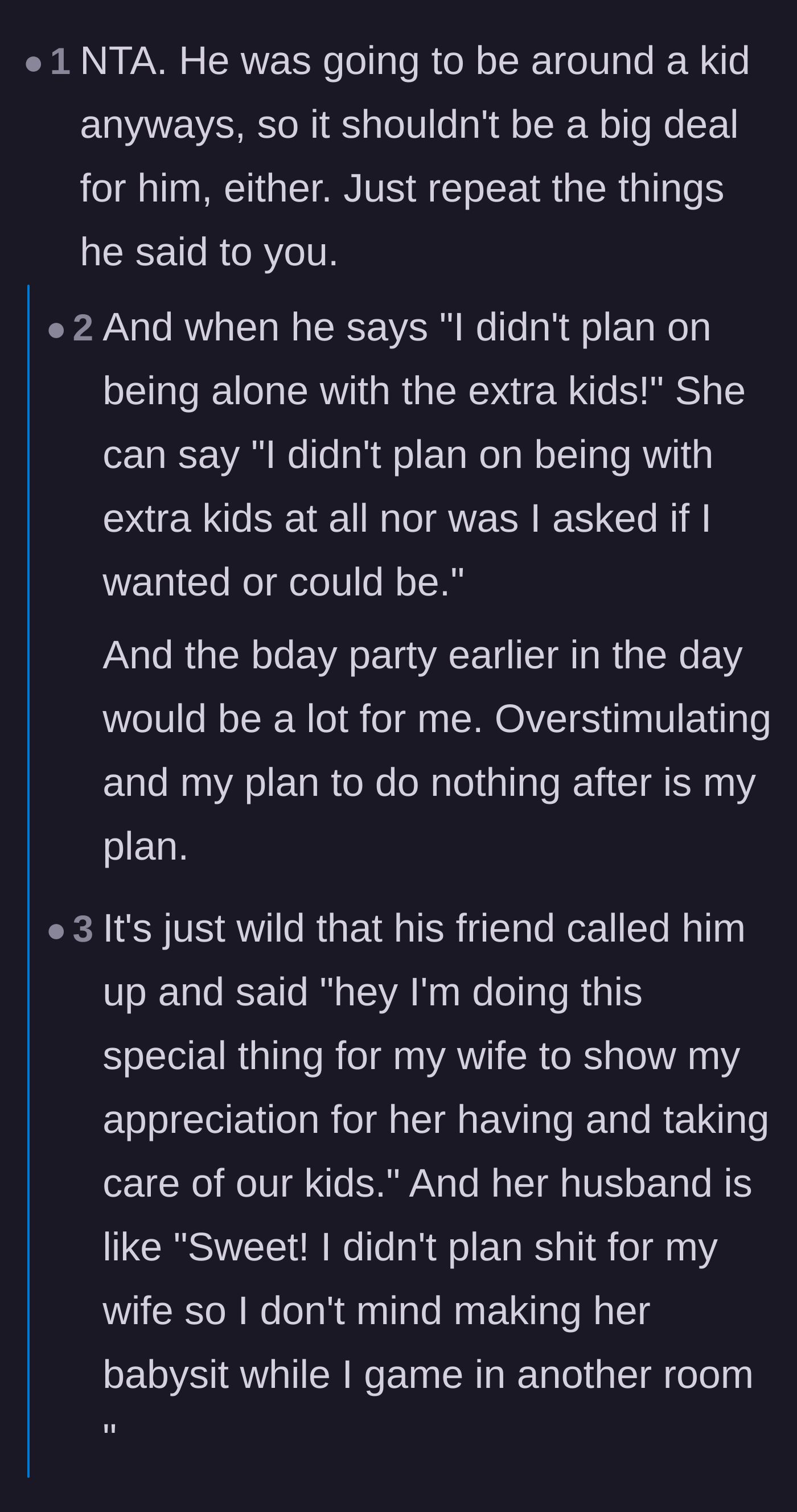 Comment thread 2 - Pointing out the irony of the friend treating his wife while the husband treats his wife like free labor.