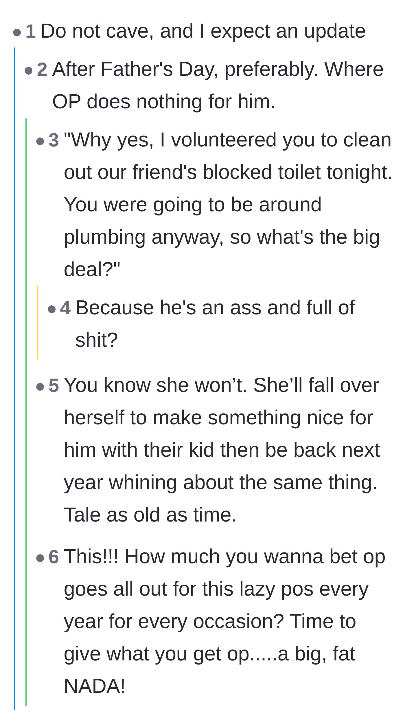Comment thread 6 - Commenters predicting her future actions and suggesting revenge for Father's Day.