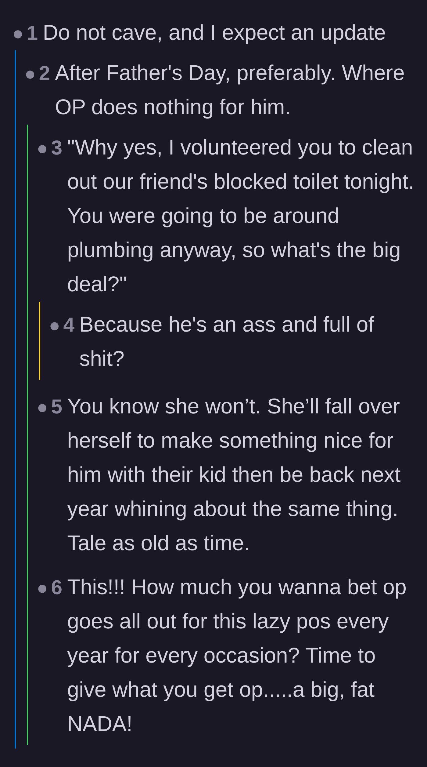 Comment thread 6 - Commenters predicting her future actions and suggesting revenge for Father's Day.