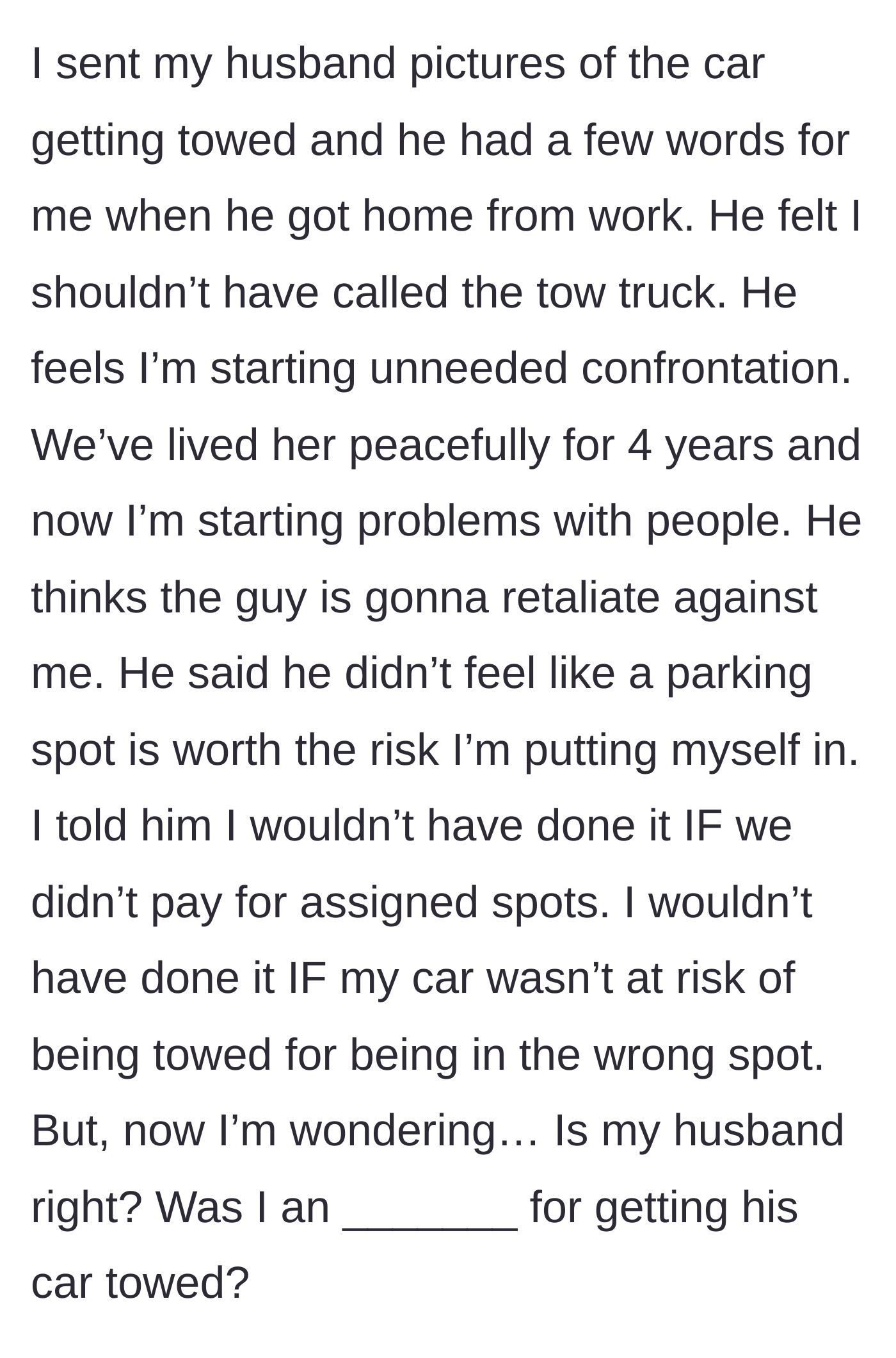 Story part 5 - A tense conversation between the main character and her husband about the risks of confrontation.