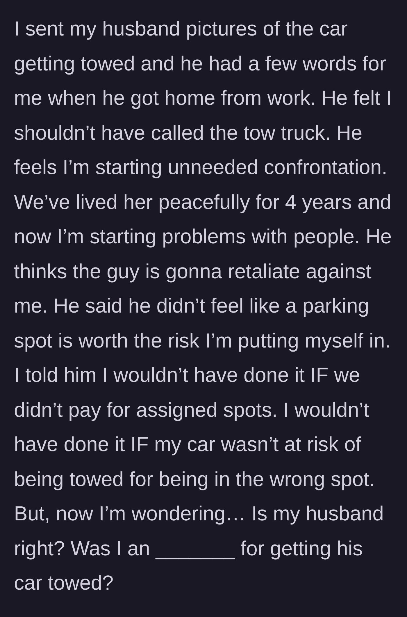 Story part 5 - A tense conversation between the main character and her husband about the risks of confrontation.