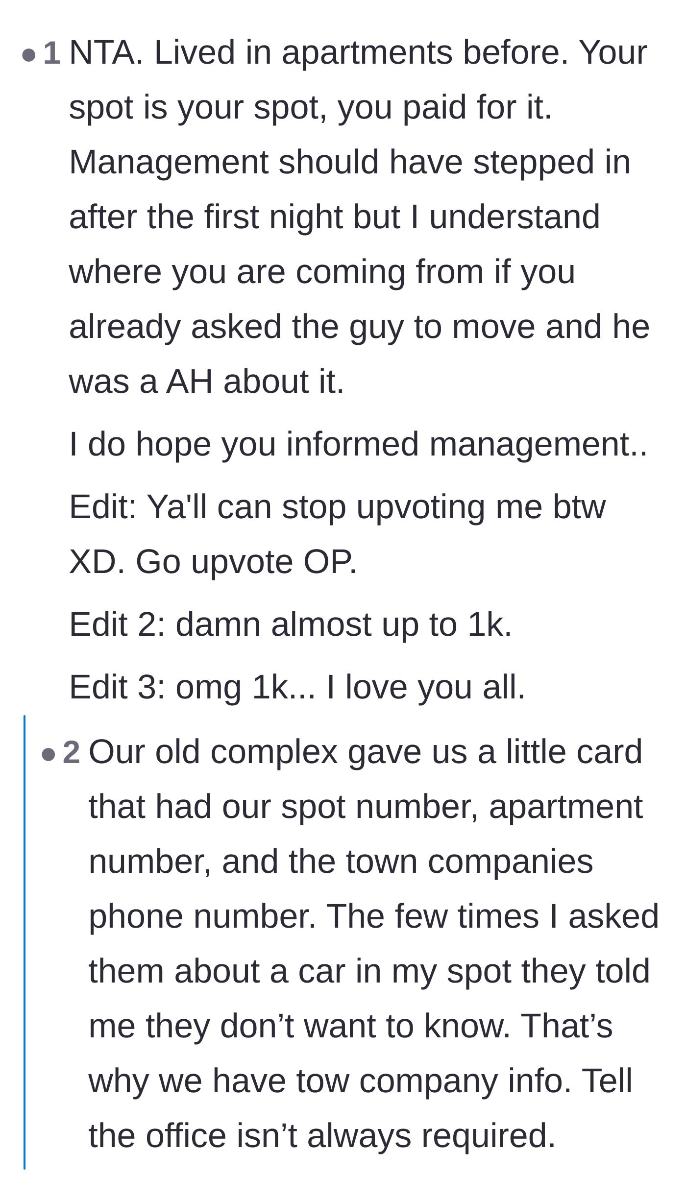 Comment thread 2 - Readers debating the responsibility of property management versus taking direct action with a tow company.