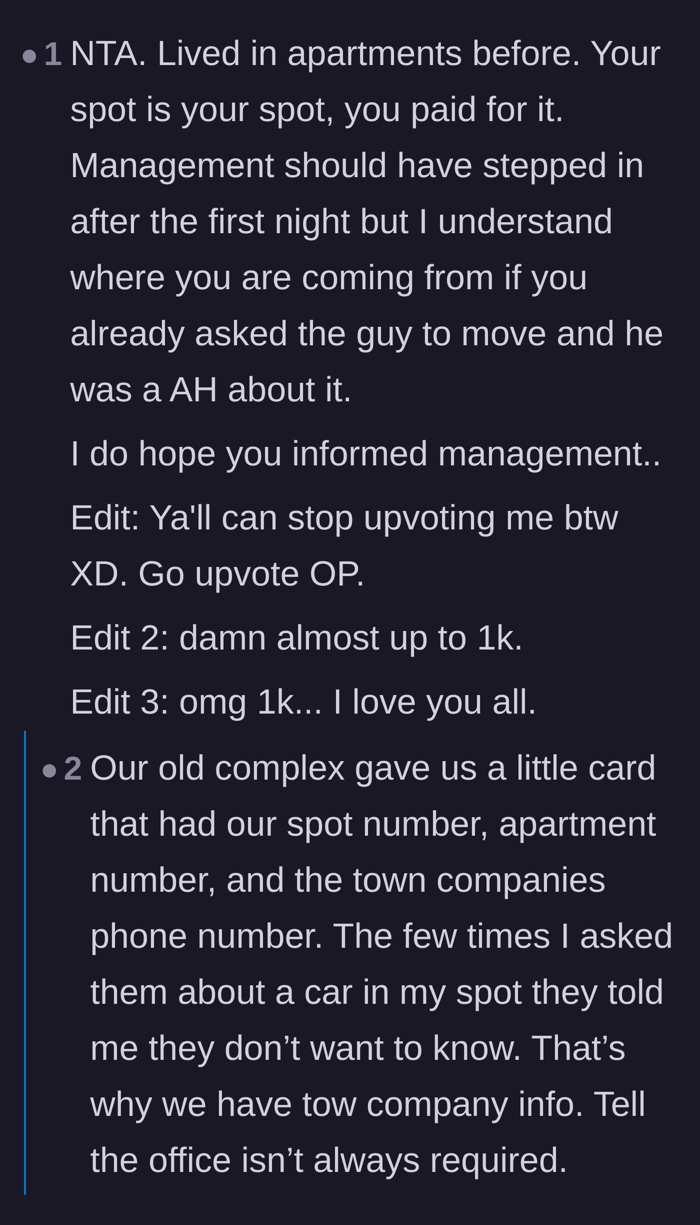 Comment thread 2 - Readers debating the responsibility of property management versus taking direct action with a tow company.