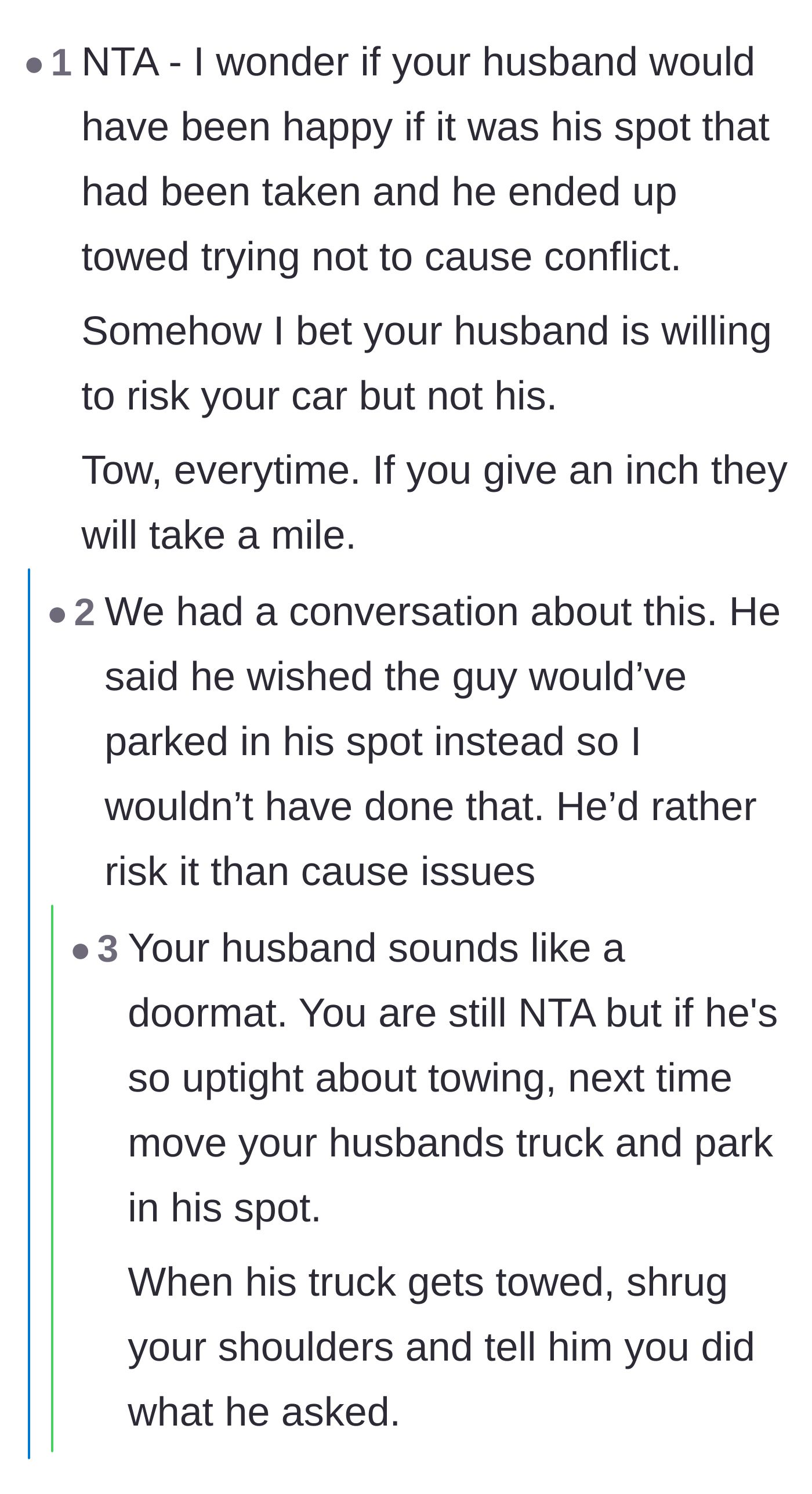 Comment thread 4 - A conversation exploring whether the husband would have accepted the same mistreatment if his own parking spot were stolen.
