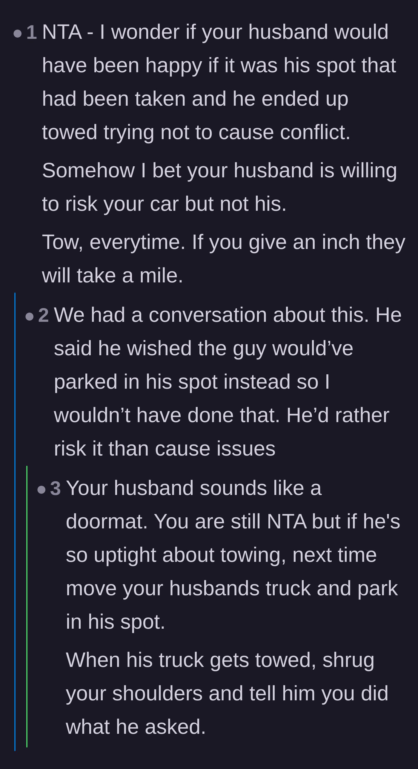 Comment thread 4 - A conversation exploring whether the husband would have accepted the same mistreatment if his own parking spot were stolen.