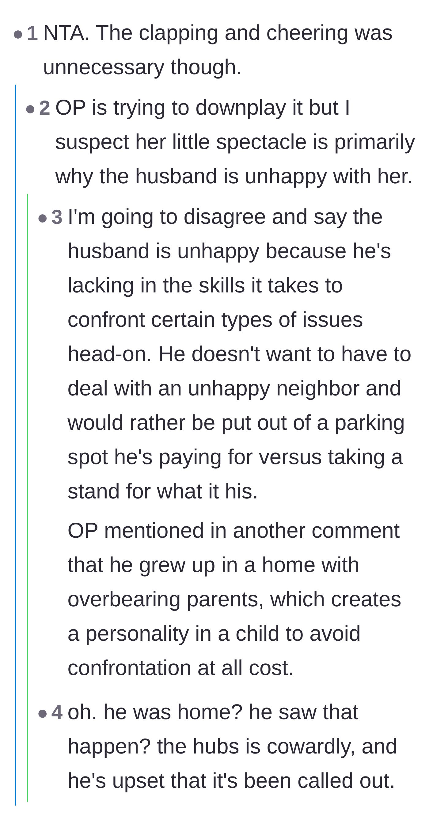 Comment thread 5 - A debate over whether the main character's public cheering was the real issue or if the husband's childhood trauma dictates his fear of confrontation.