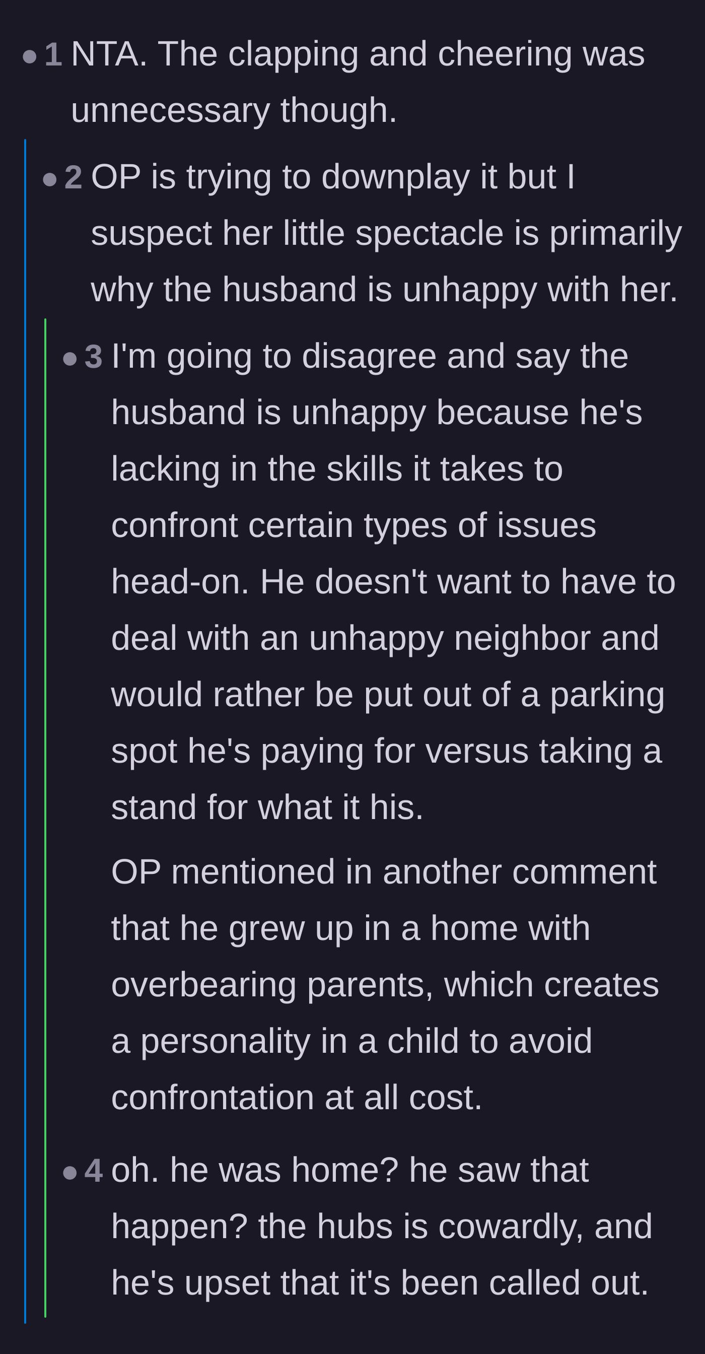Comment thread 5 - A debate over whether the main character's public cheering was the real issue or if the husband's childhood trauma dictates his fear of confrontation.