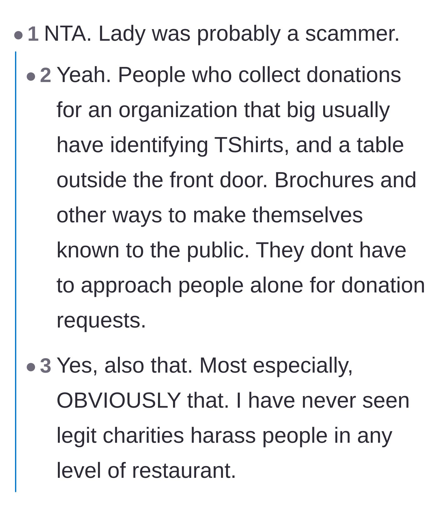 Comment thread 1 - Readers debating whether the elderly lady was actually a scammer instead of a legitimate charity worker.