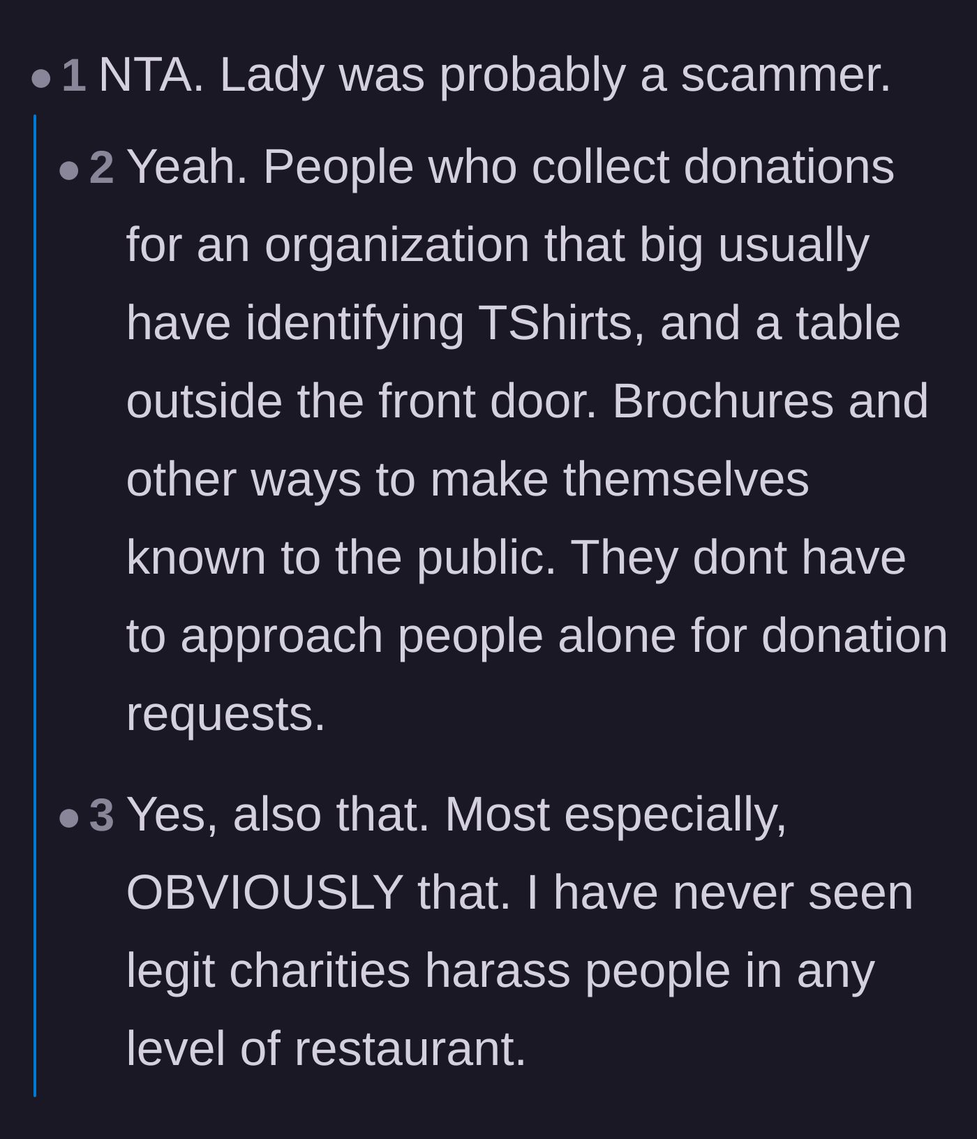 Comment thread 1 - Readers debating whether the elderly lady was actually a scammer instead of a legitimate charity worker.