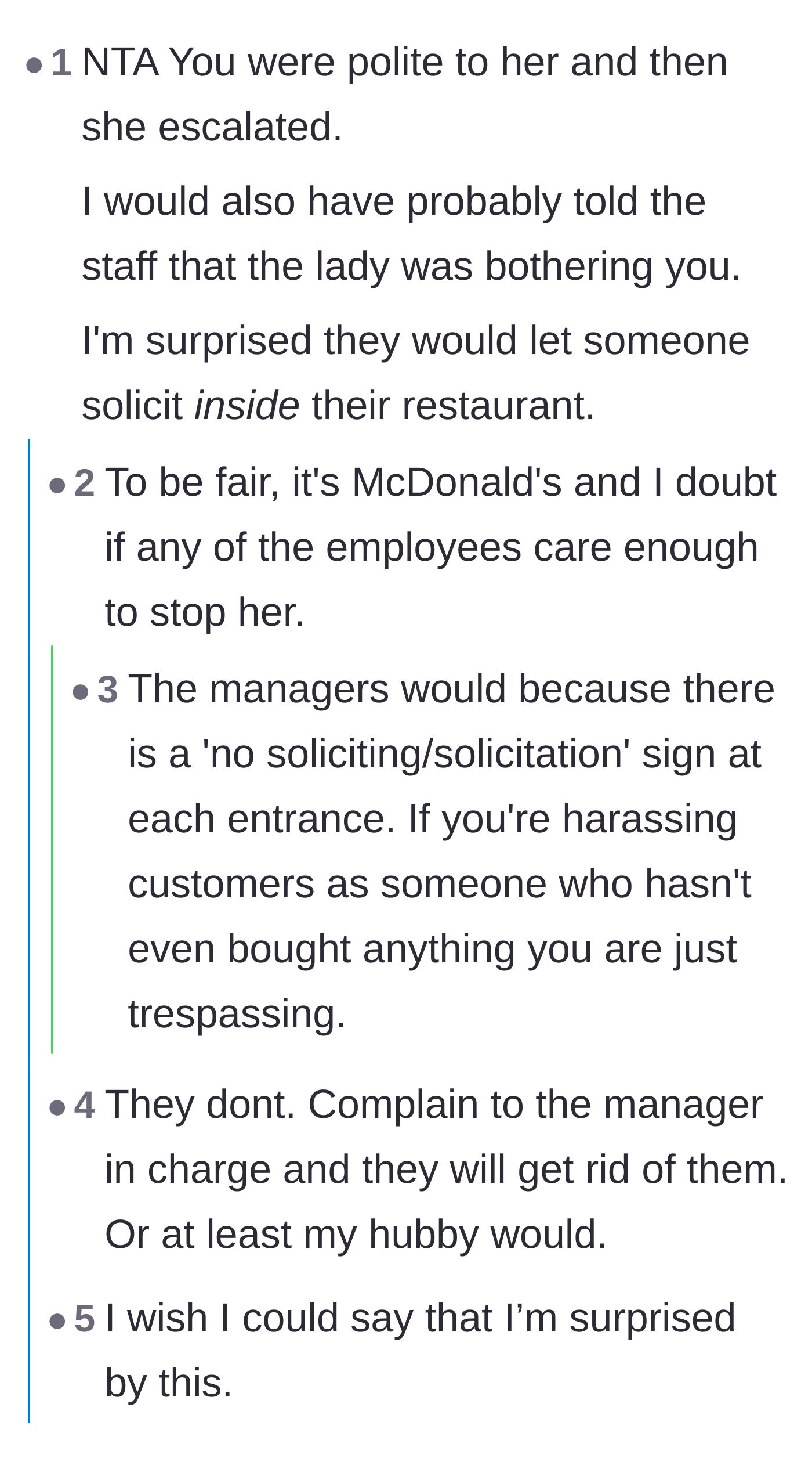 Comment thread 2 - A discussion about why the restaurant staff didn't intervene to stop the solicitation.