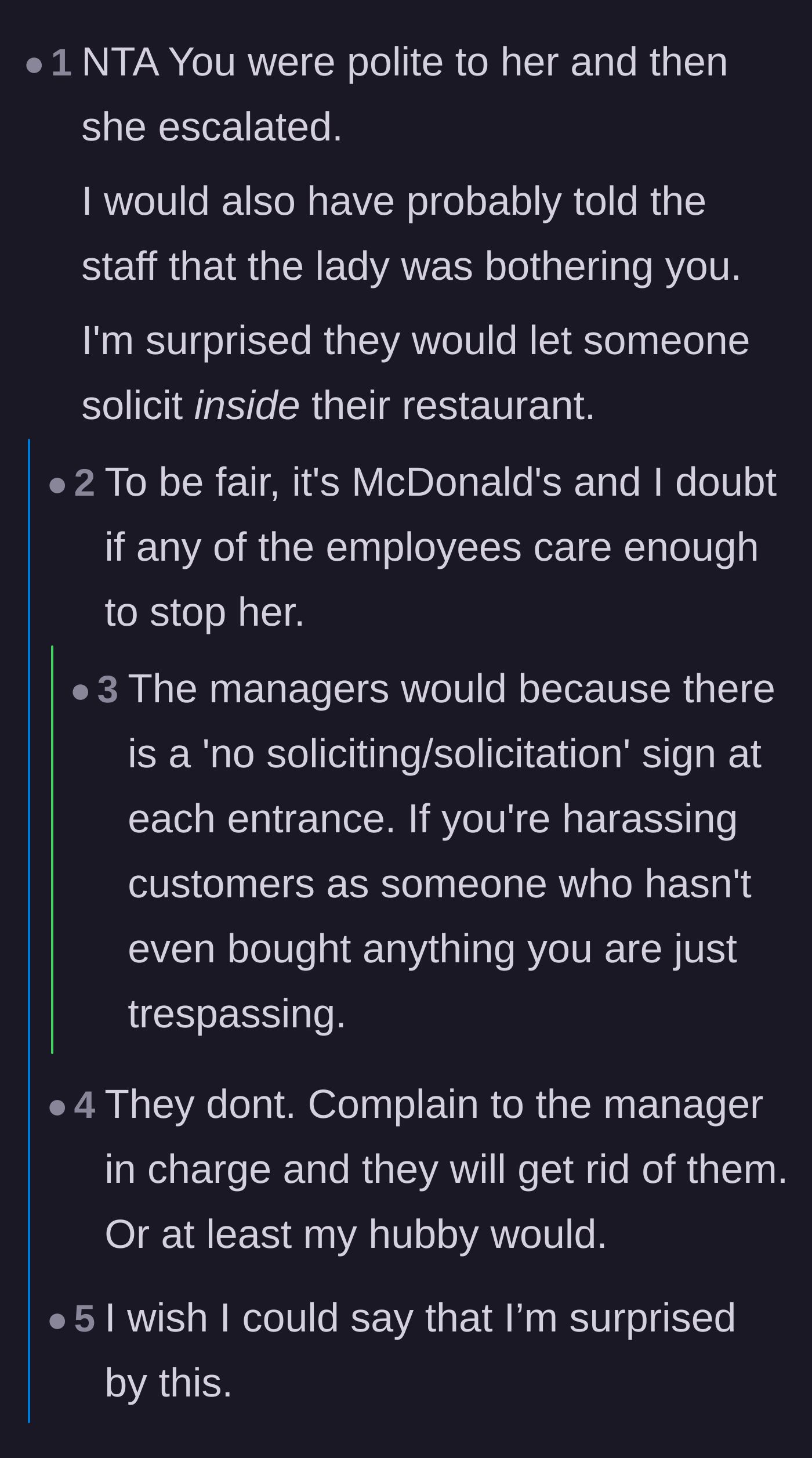 Comment thread 2 - A discussion about why the restaurant staff didn't intervene to stop the solicitation.