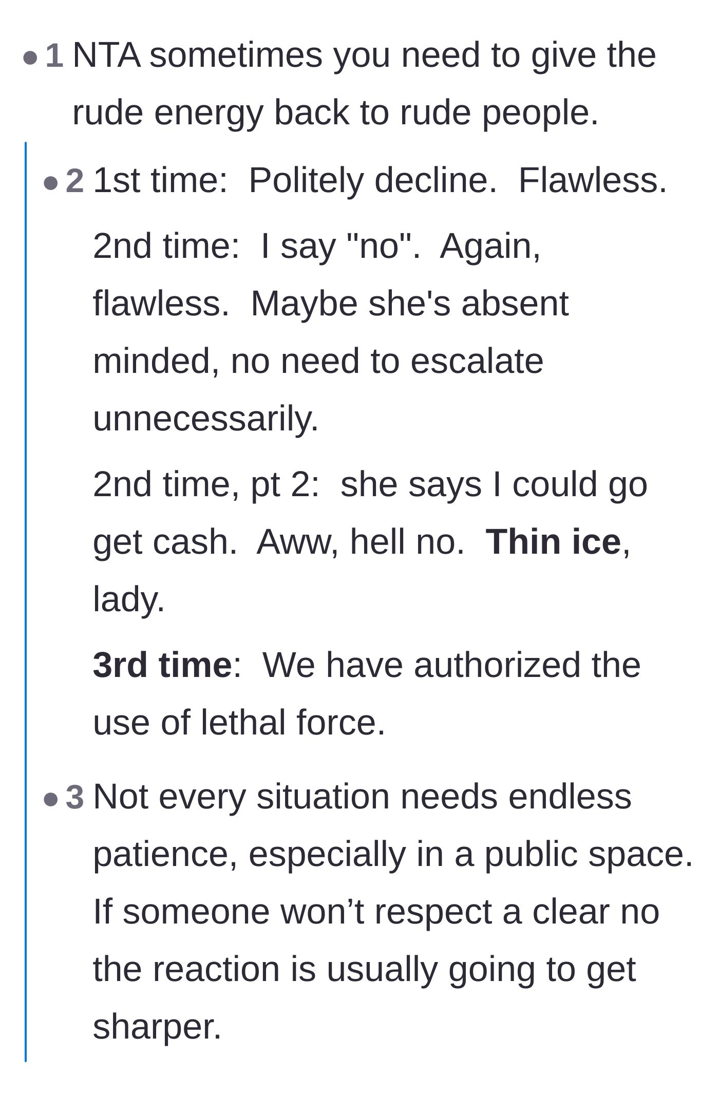Comment thread 4 - A breakdown of how the father appropriately escalated his response to match the solicitor's rudeness.