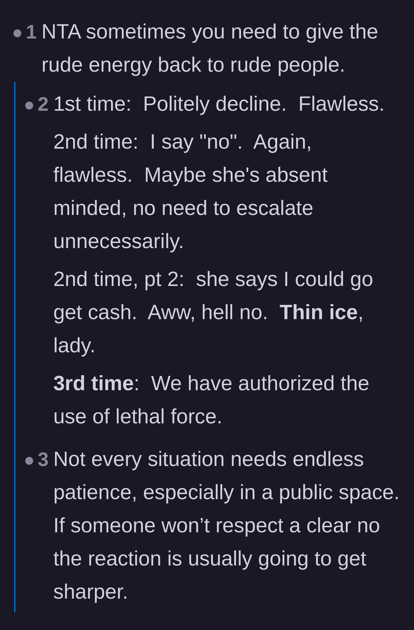 Comment thread 4 - A breakdown of how the father appropriately escalated his response to match the solicitor's rudeness.
